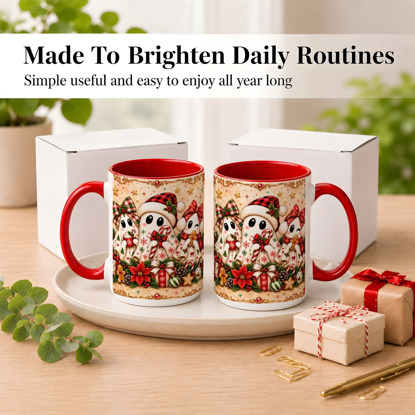 #pl[15oz|Red] Christmas Ghost Trio Coffee Mug, Holiday Ghost Mug, Ceramic Cup