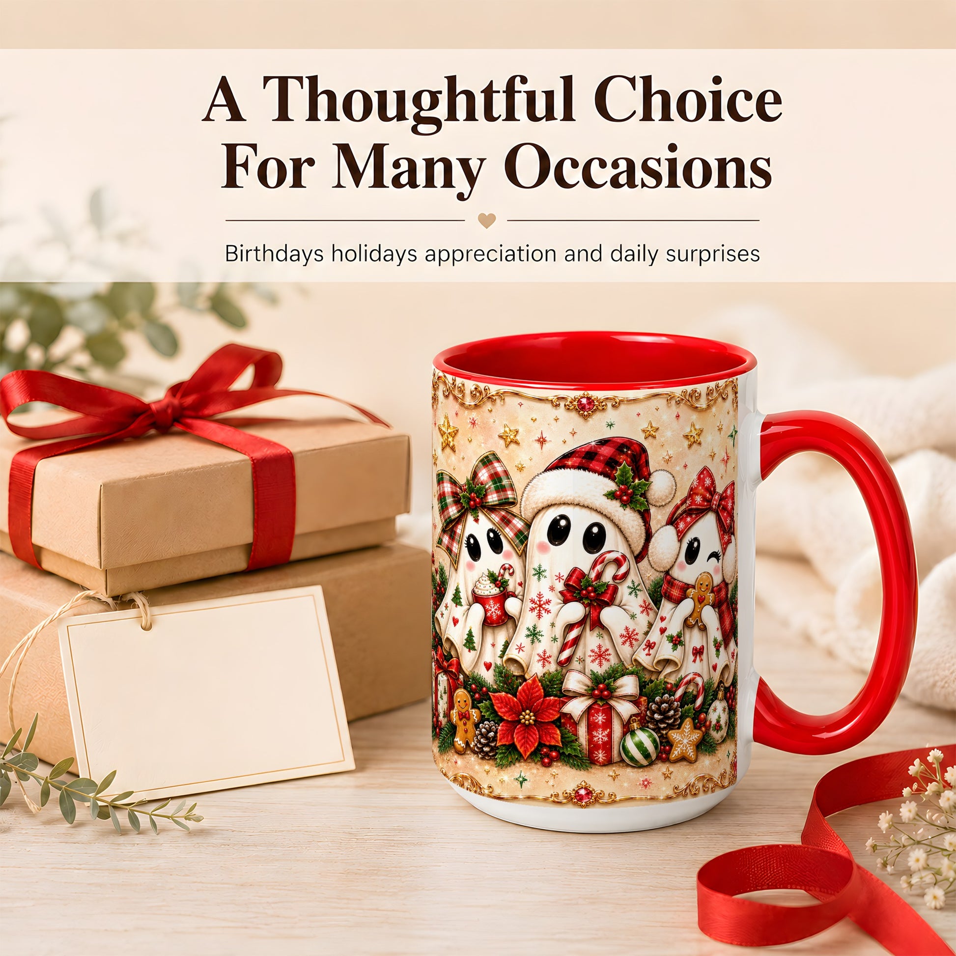#pl[15oz|Red] Christmas Ghost Trio Coffee Mug, Holiday Ghost Mug, Ceramic Cup