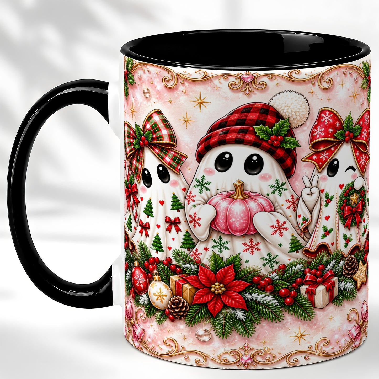 #pl[11oz|Black] Pink Christmas Ghost Coffee Mug, Holiday Ghost Mug, Ceramic Cup