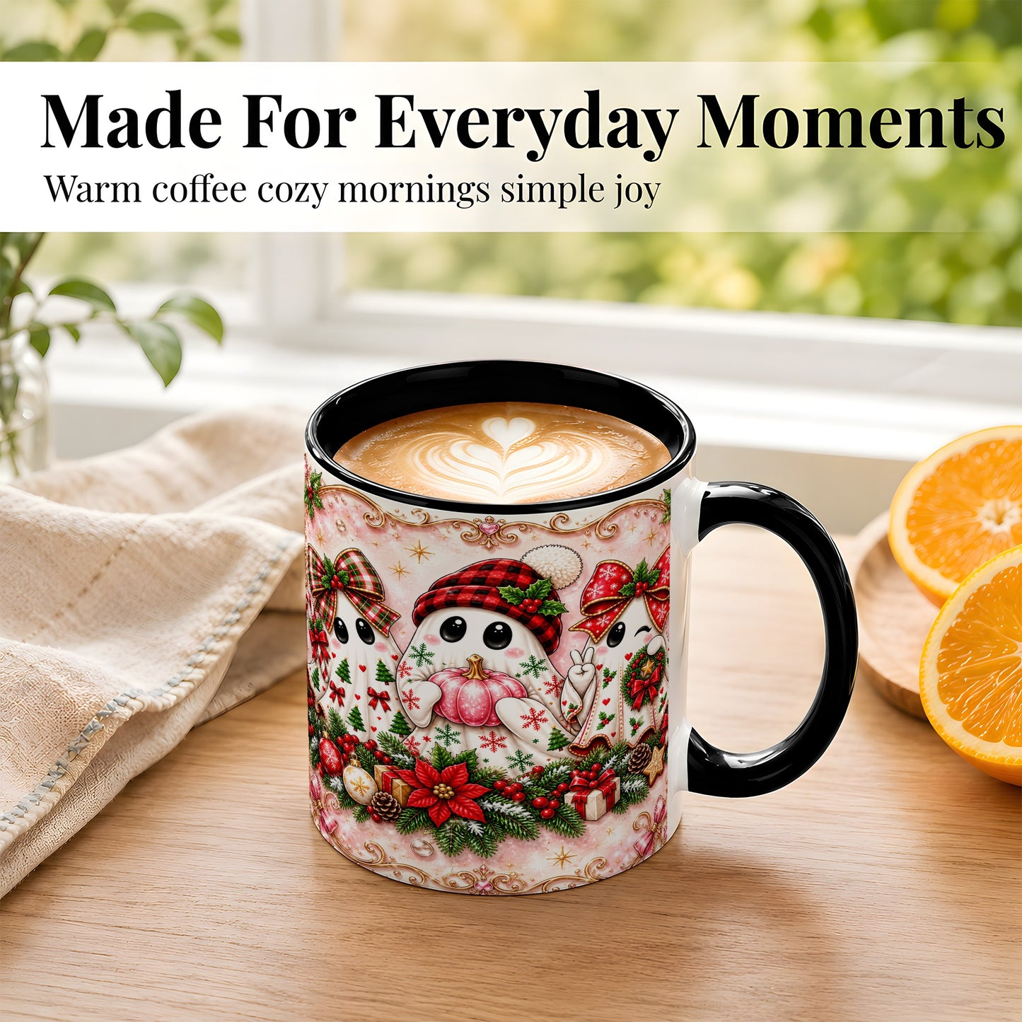 #pl[11oz|Black] Pink Christmas Ghost Coffee Mug, Holiday Ghost Mug, Ceramic Cup
