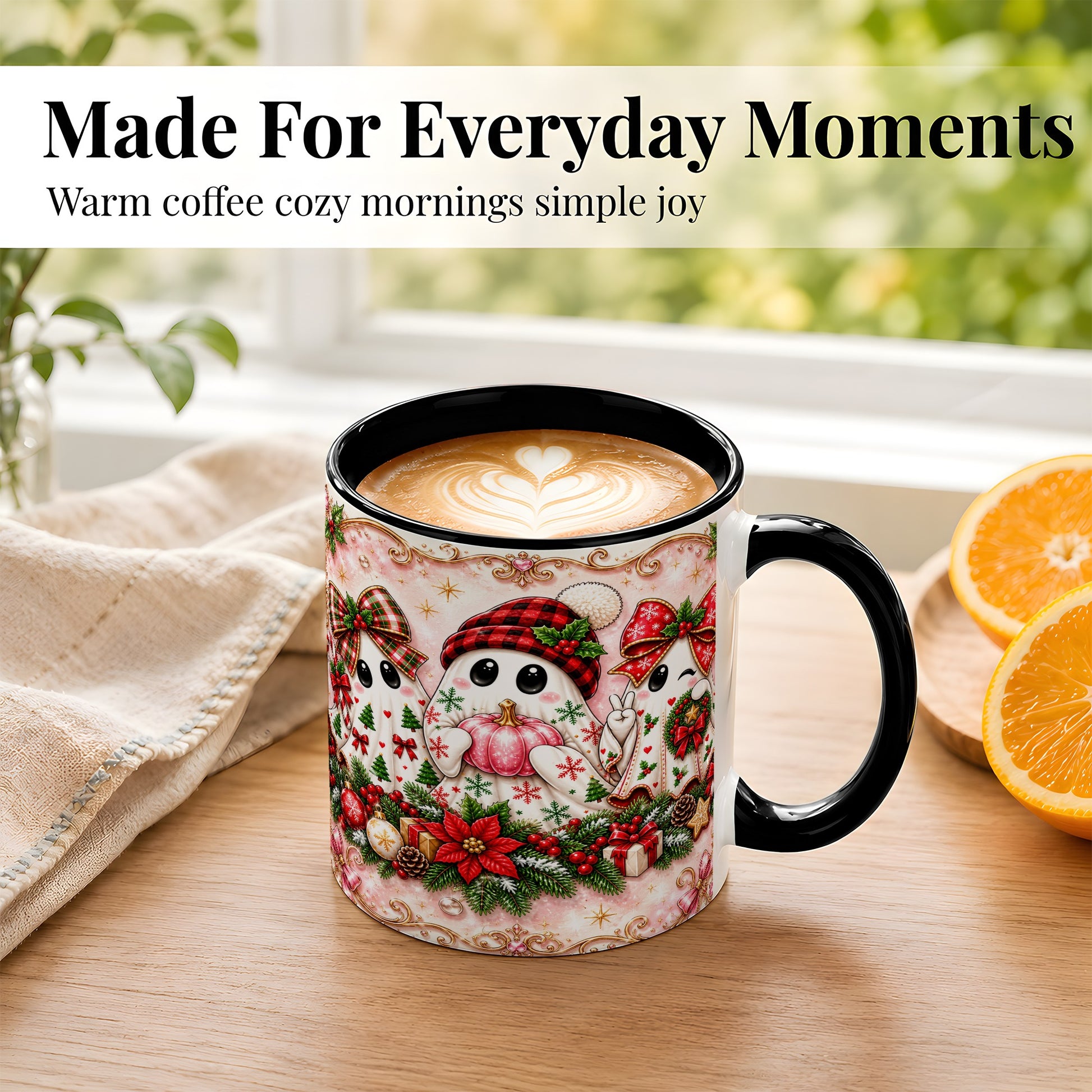 #pl[11oz|Black] Pink Christmas Ghost Coffee Mug, Holiday Ghost Mug, Ceramic Cup