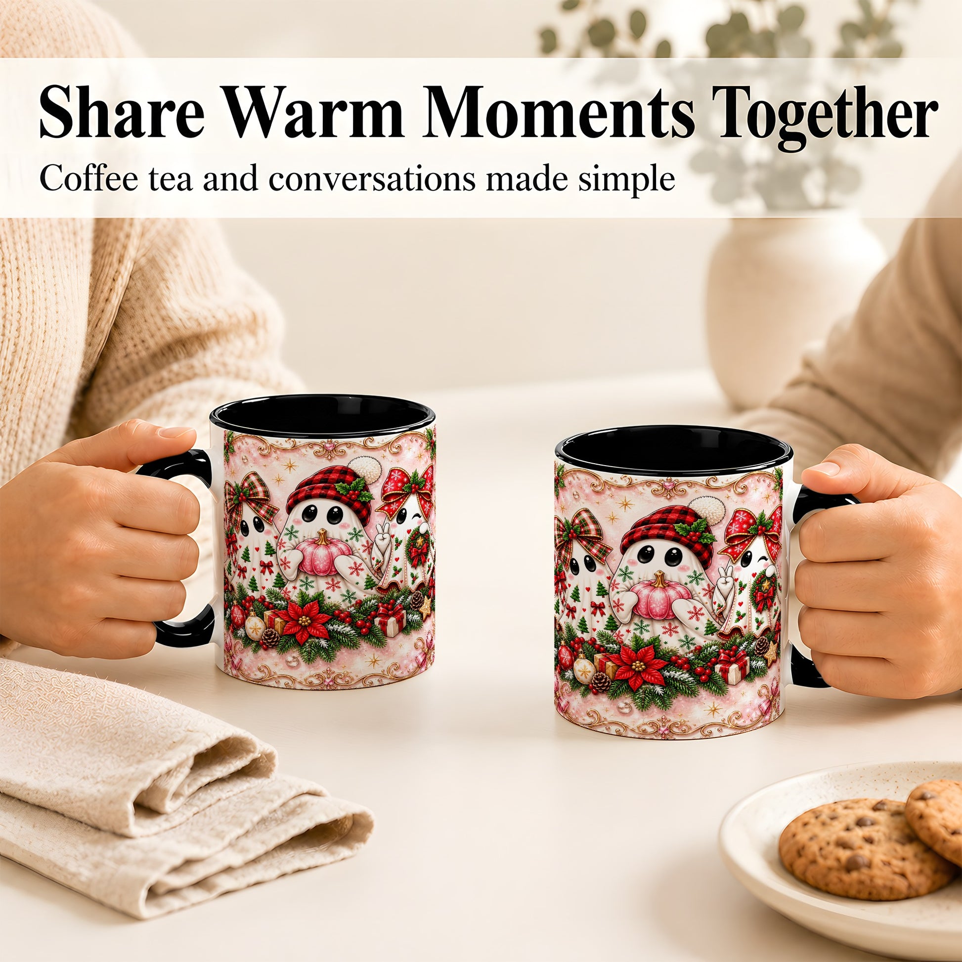 #pl[11oz|Black] Pink Christmas Ghost Coffee Mug, Holiday Ghost Mug, Ceramic Cup