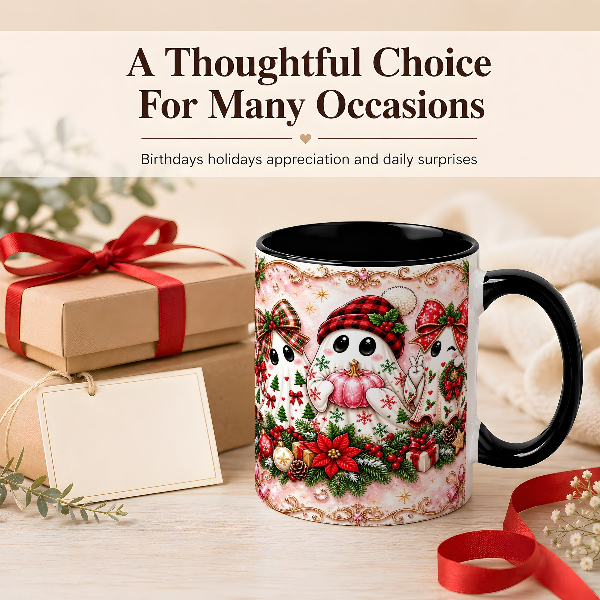 #pl[11oz|Black] Pink Christmas Ghost Coffee Mug, Holiday Ghost Mug, Ceramic Cup