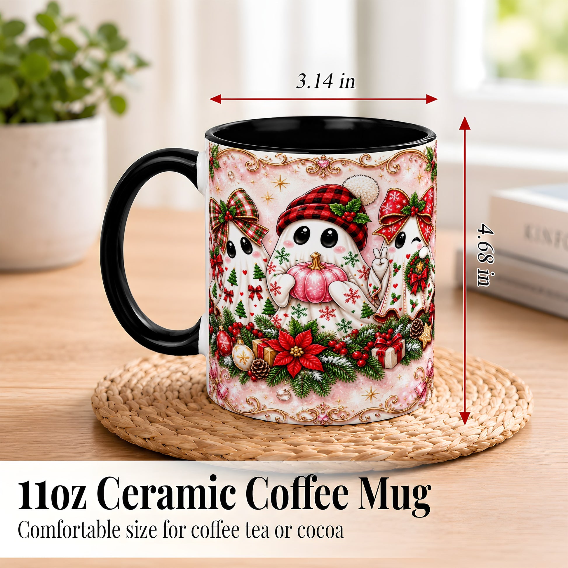 #pl[11oz|Black] Pink Christmas Ghost Coffee Mug, Holiday Ghost Mug, Ceramic Cup