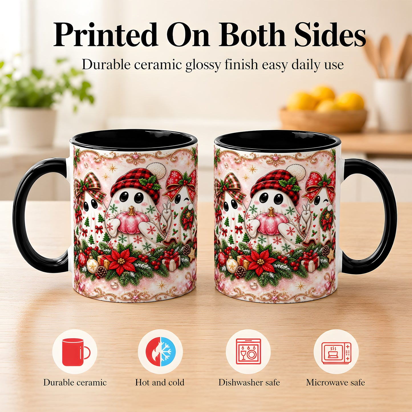 #pl[11oz|Black] Pink Christmas Ghost Coffee Mug, Holiday Ghost Mug, Ceramic Cup