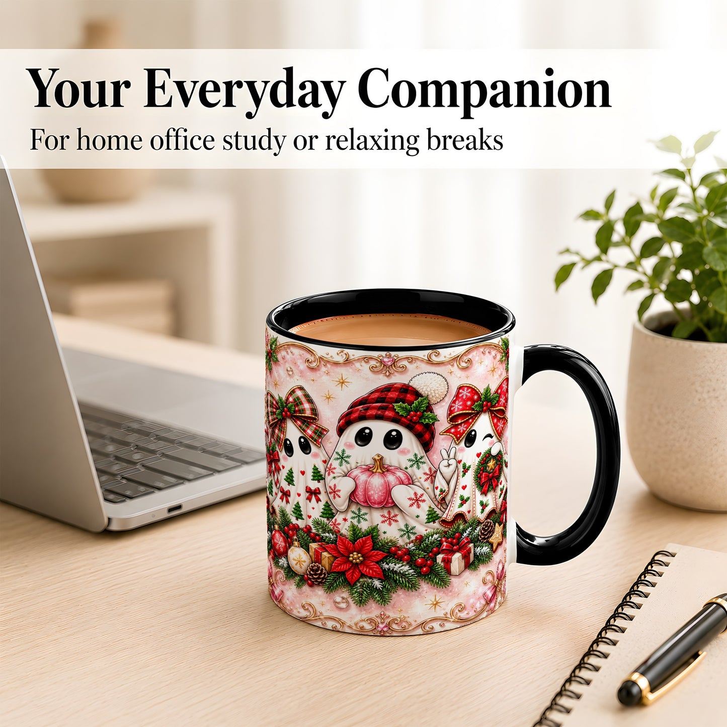 #pl[11oz|Black] Pink Christmas Ghost Coffee Mug, Holiday Ghost Mug, Ceramic Cup