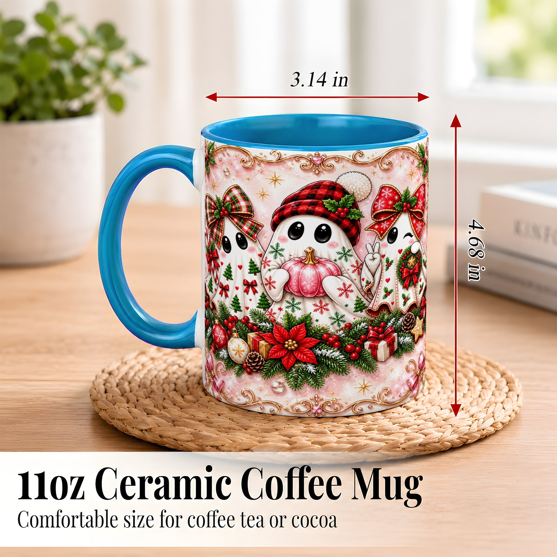 #pl[11oz|Blue] Pink Christmas Ghost Coffee Mug, Holiday Ghost Mug, Ceramic Cup