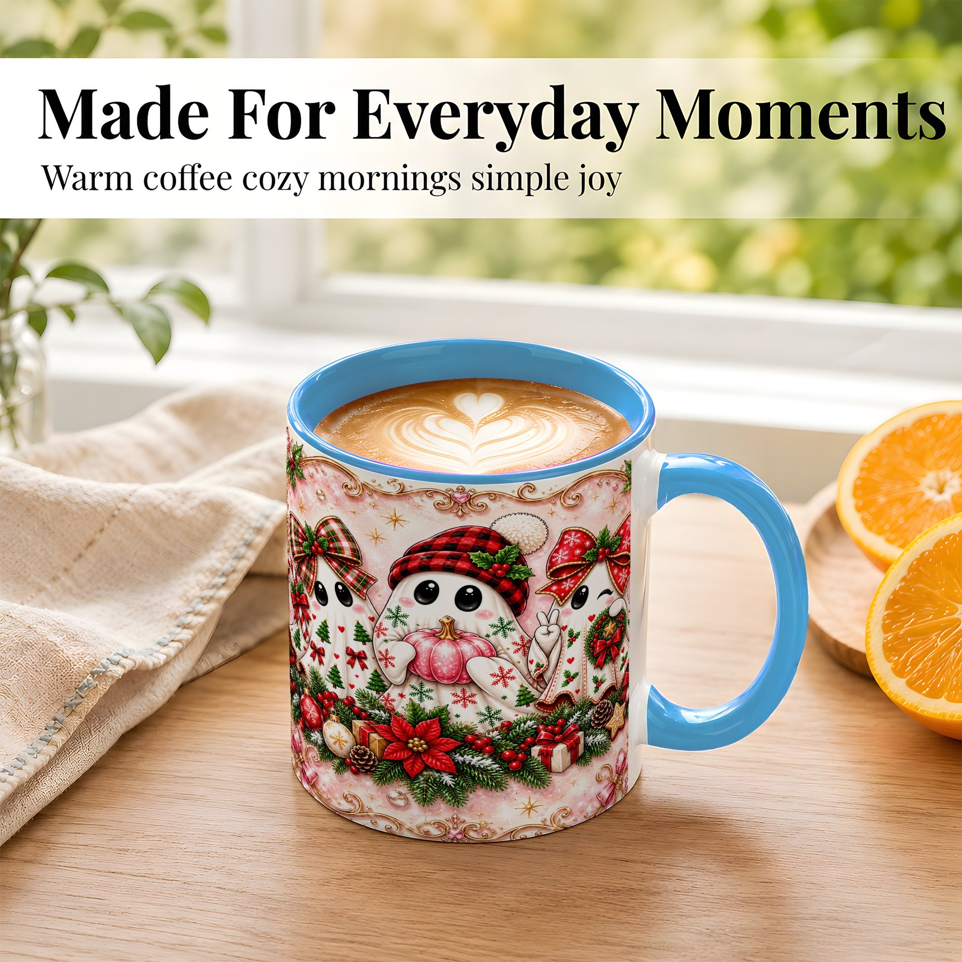 #pl[11oz|Blue] Pink Christmas Ghost Coffee Mug, Holiday Ghost Mug, Ceramic Cup