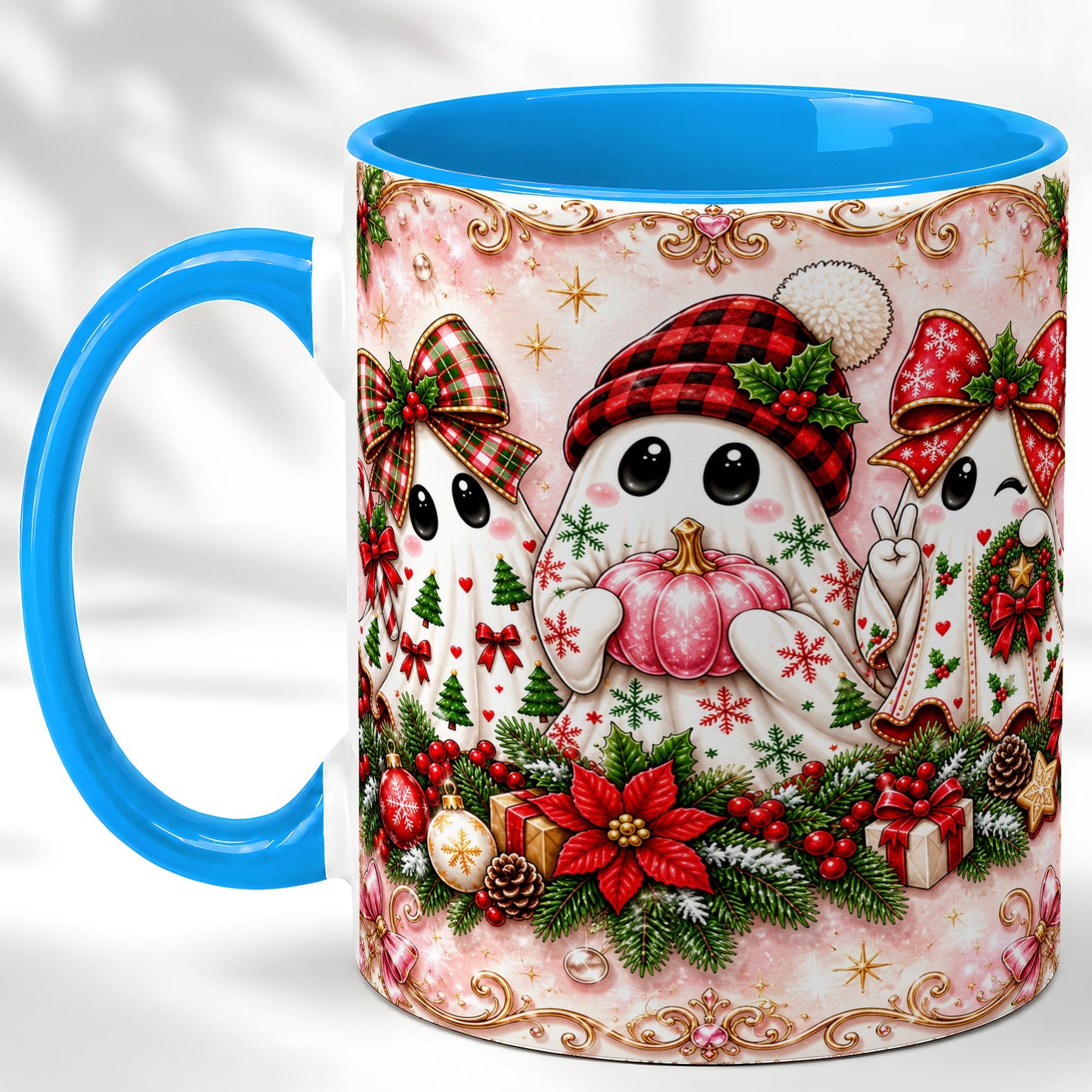#pl[11oz|Blue] Pink Christmas Ghost Coffee Mug, Holiday Ghost Mug, Ceramic Cup