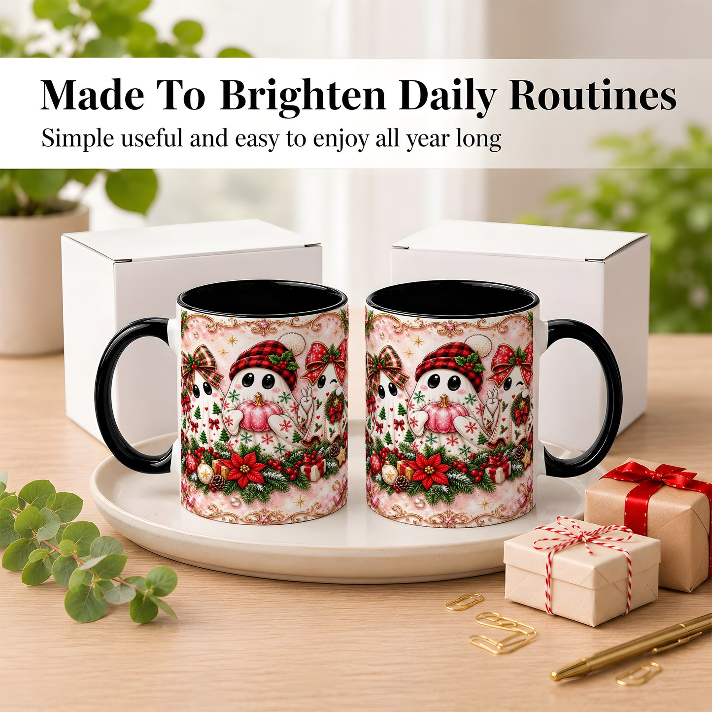 #pl[11oz|Black] Pink Christmas Ghost Coffee Mug, Holiday Ghost Mug, Ceramic Cup