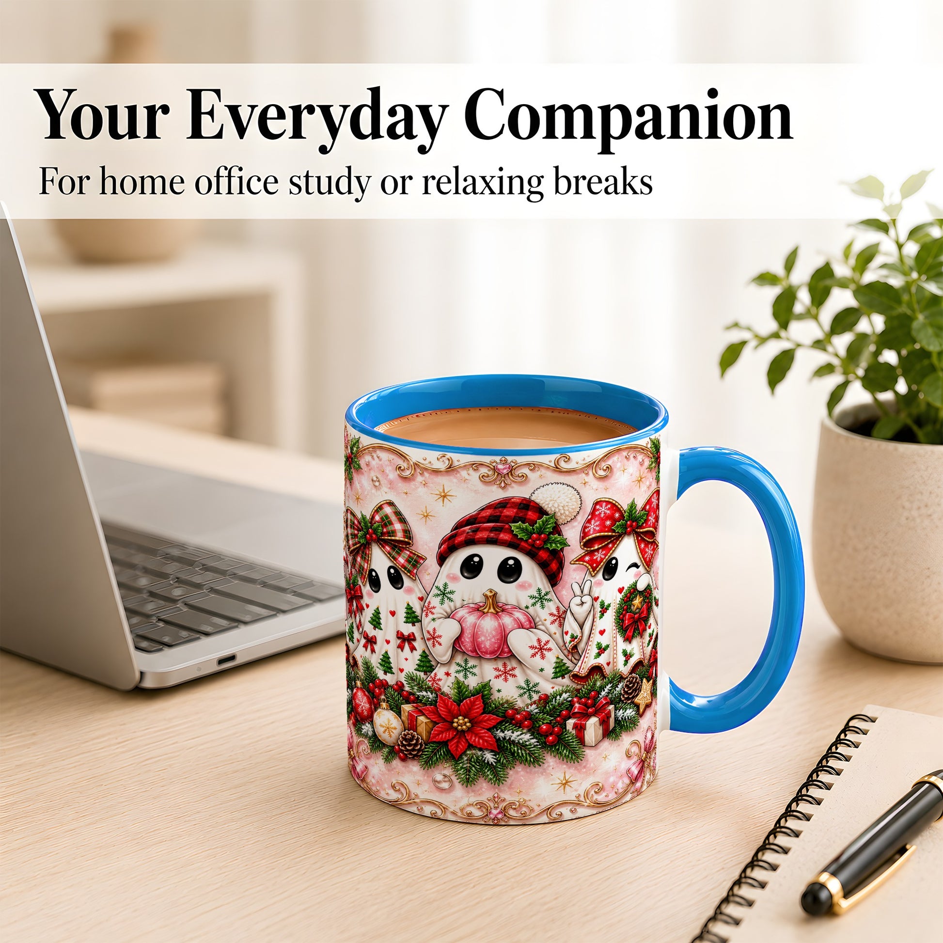 #pl[11oz|Blue] Pink Christmas Ghost Coffee Mug, Holiday Ghost Mug, Ceramic Cup