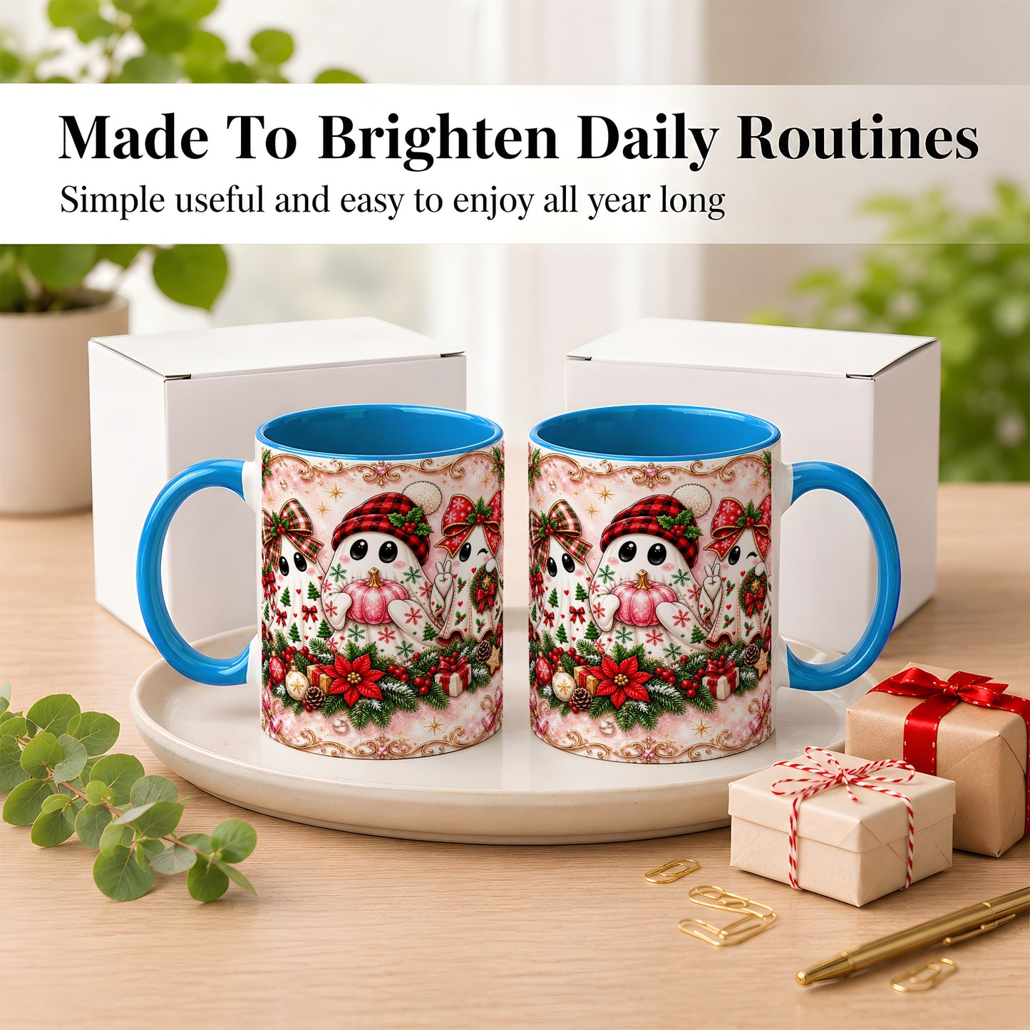 #pl[11oz|Blue] Pink Christmas Ghost Coffee Mug, Holiday Ghost Mug, Ceramic Cup