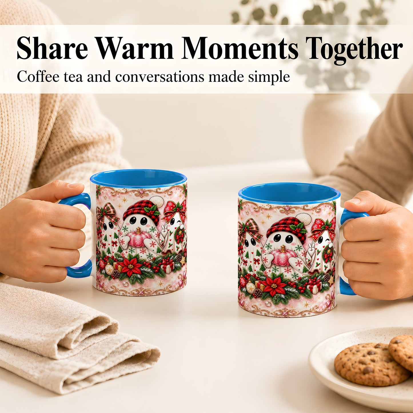 #pl[11oz|Blue] Pink Christmas Ghost Coffee Mug, Holiday Ghost Mug, Ceramic Cup