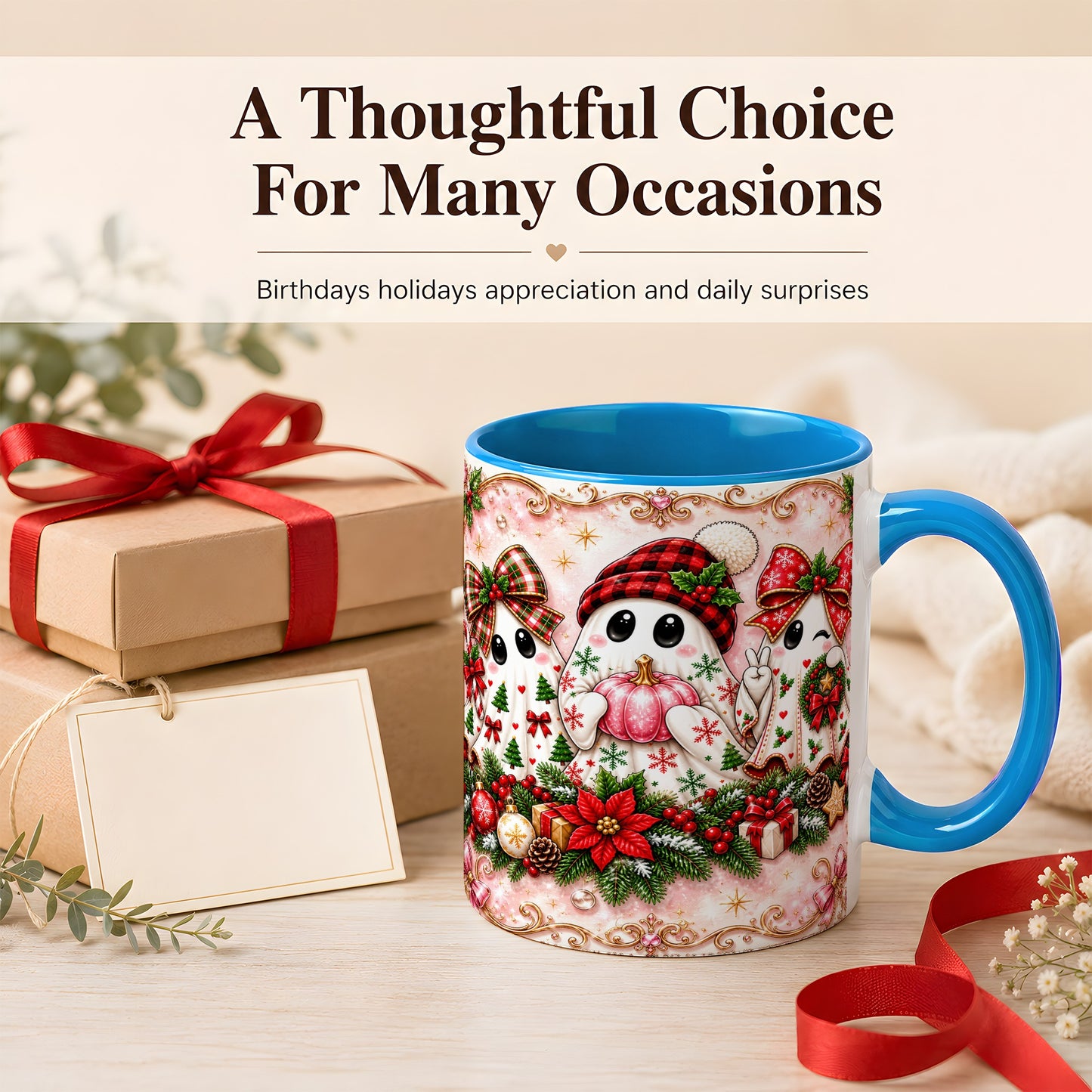 #pl[11oz|Blue] Pink Christmas Ghost Coffee Mug, Holiday Ghost Mug, Ceramic Cup