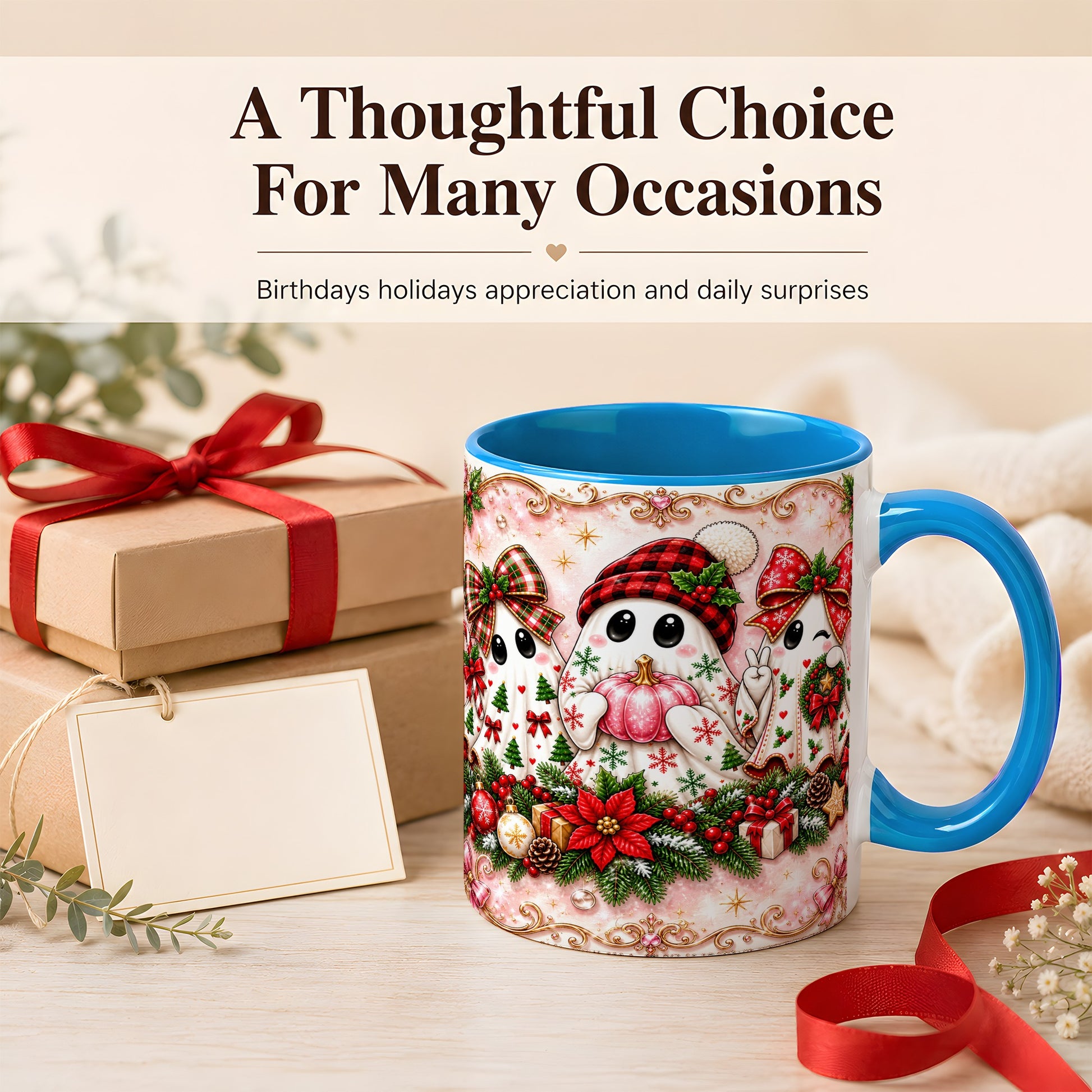 #pl[11oz|Blue] Pink Christmas Ghost Coffee Mug, Holiday Ghost Mug, Ceramic Cup