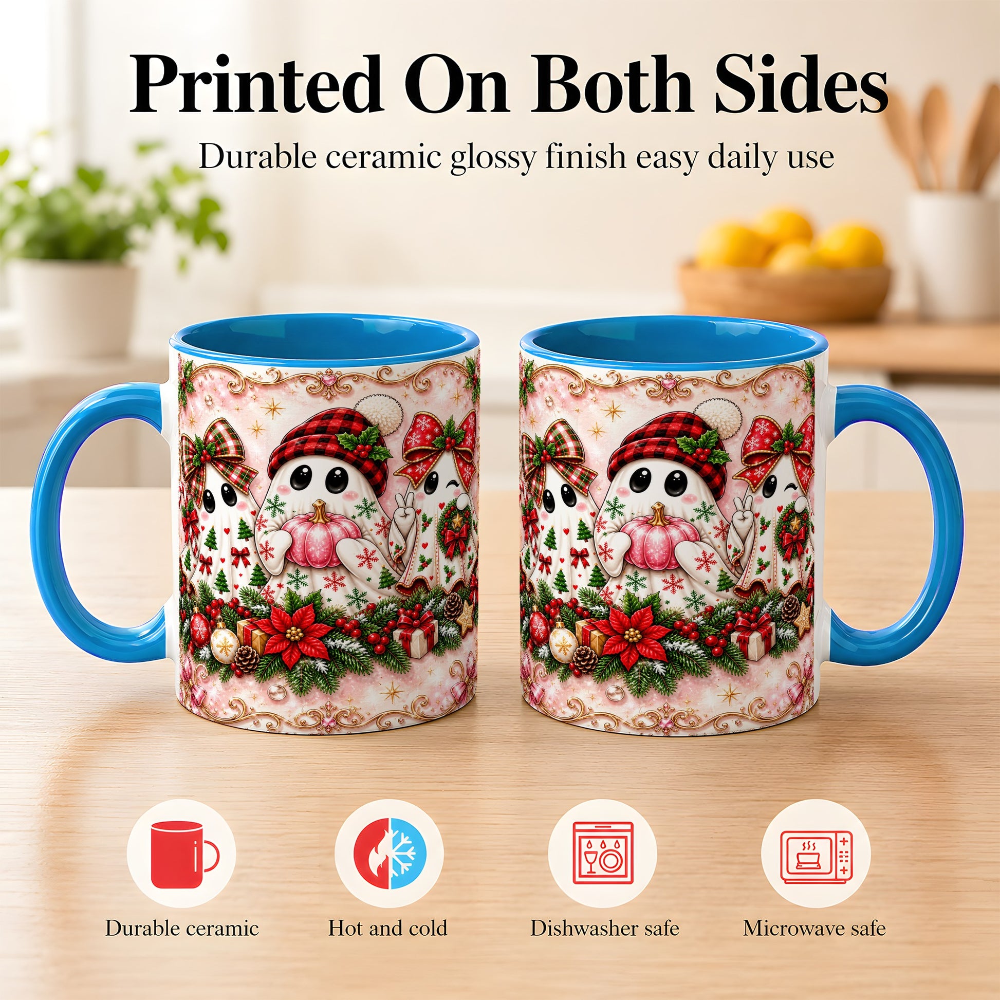 #pl[11oz|Blue] Pink Christmas Ghost Coffee Mug, Holiday Ghost Mug, Ceramic Cup
