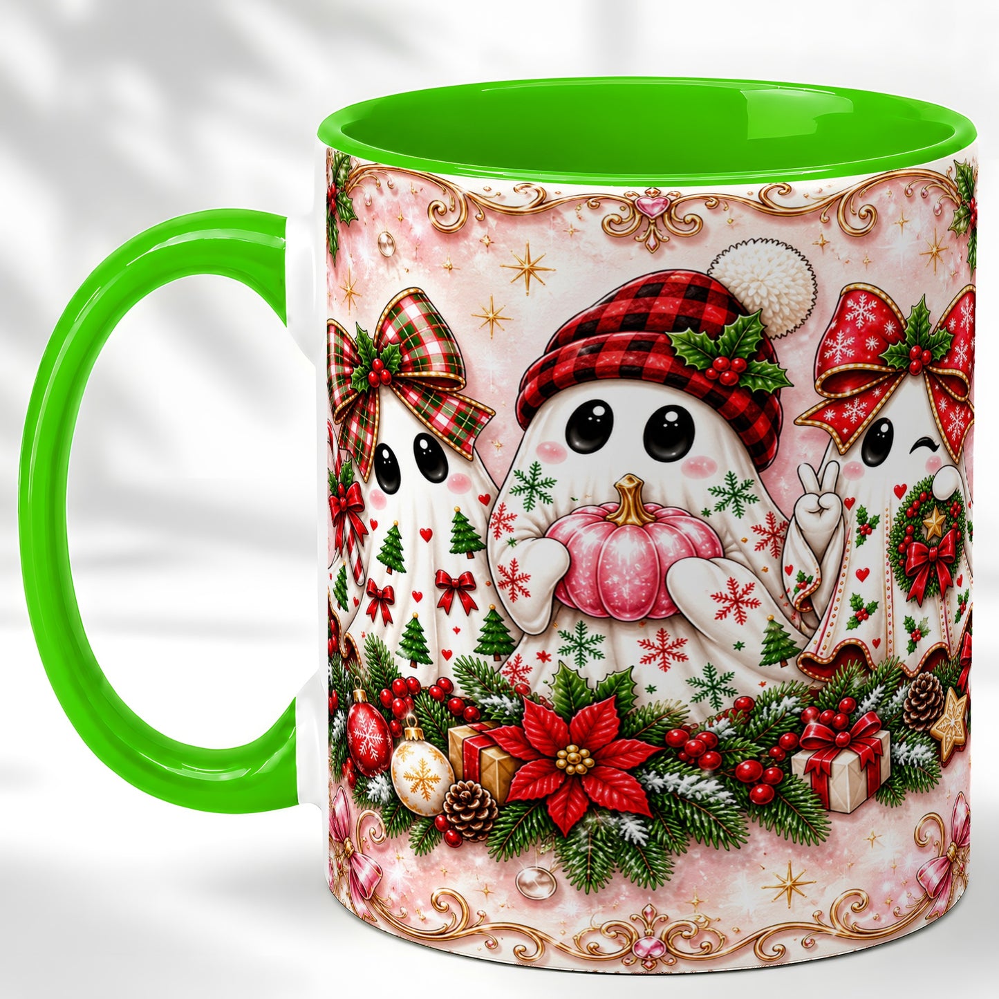 #pl[11oz|Green] Pink Christmas Ghost Coffee Mug, Holiday Ghost Mug, Ceramic Cup