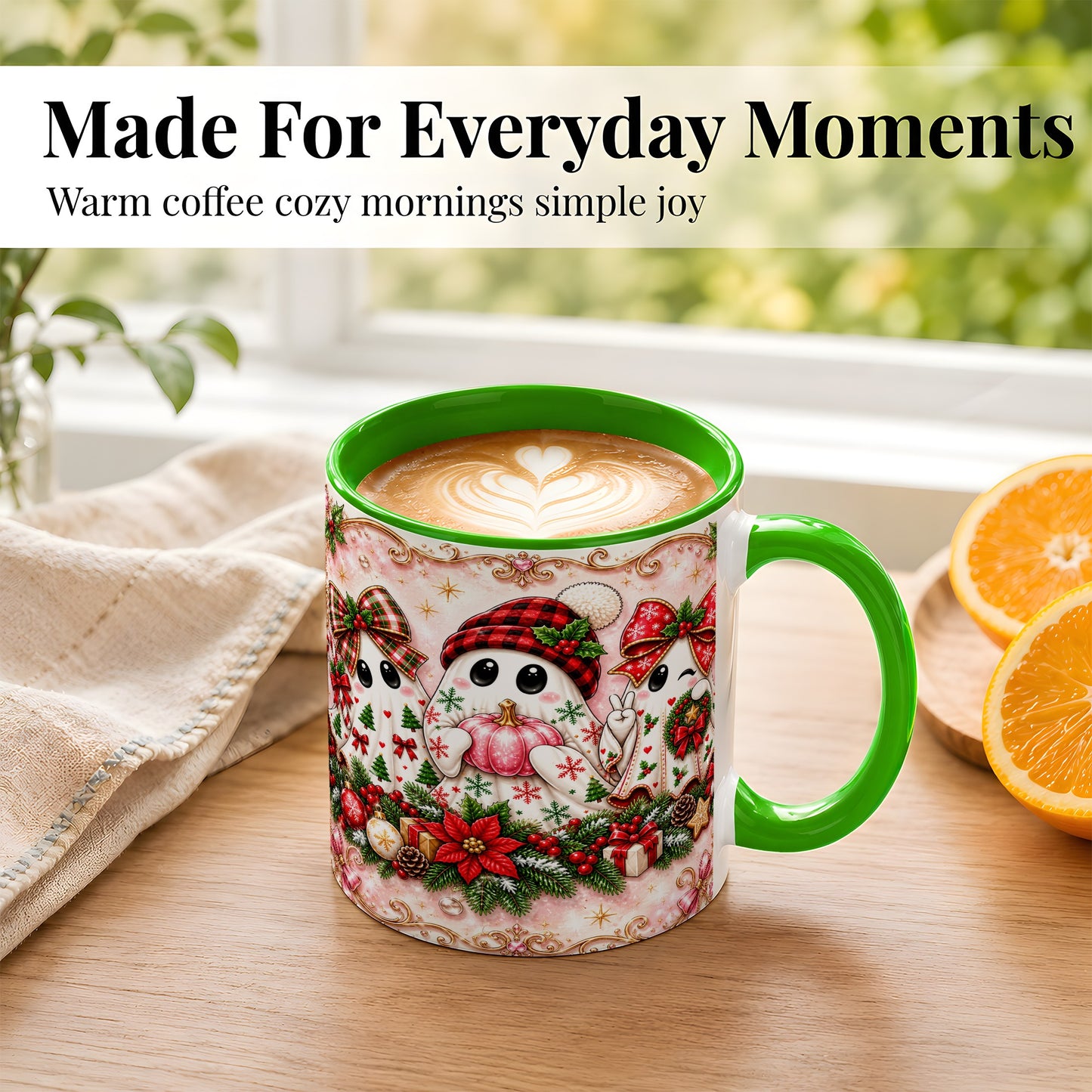 #pl[11oz|Green] Pink Christmas Ghost Coffee Mug, Holiday Ghost Mug, Ceramic Cup