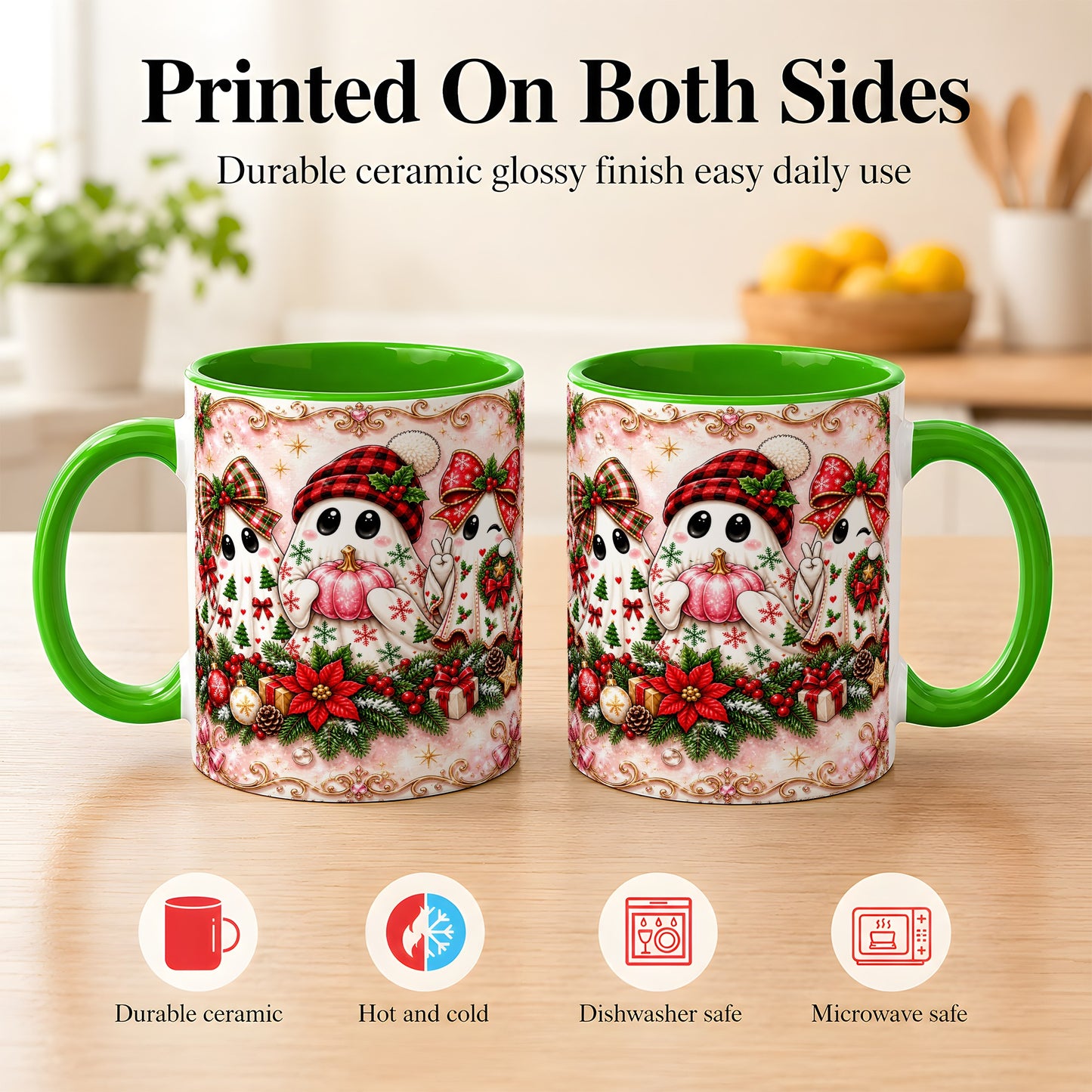 #pl[11oz|Green] Pink Christmas Ghost Coffee Mug, Holiday Ghost Mug, Ceramic Cup