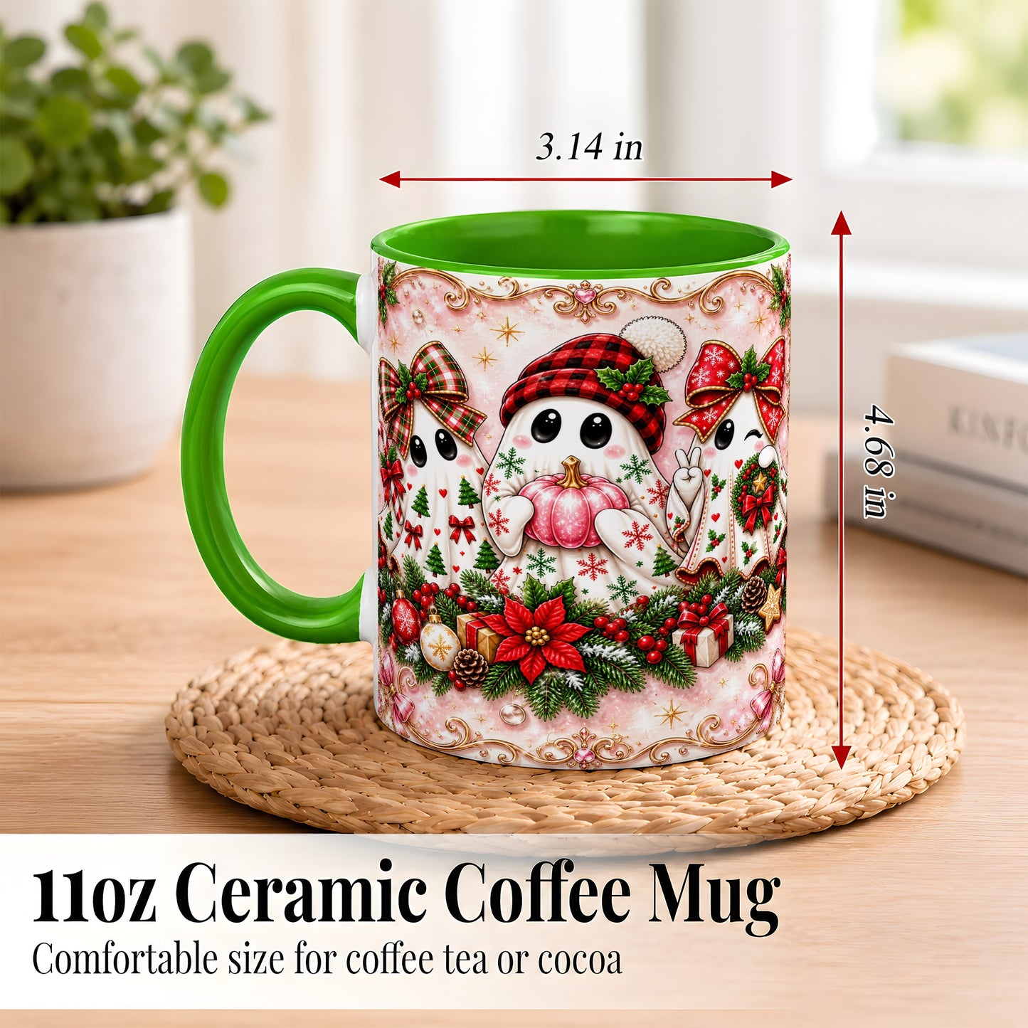 #pl[11oz|Green] Pink Christmas Ghost Coffee Mug, Holiday Ghost Mug, Ceramic Cup