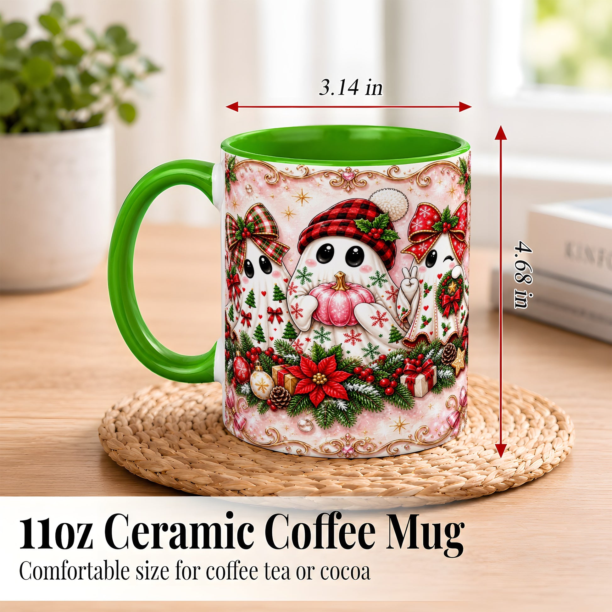 #pl[11oz|Green] Pink Christmas Ghost Coffee Mug, Holiday Ghost Mug, Ceramic Cup