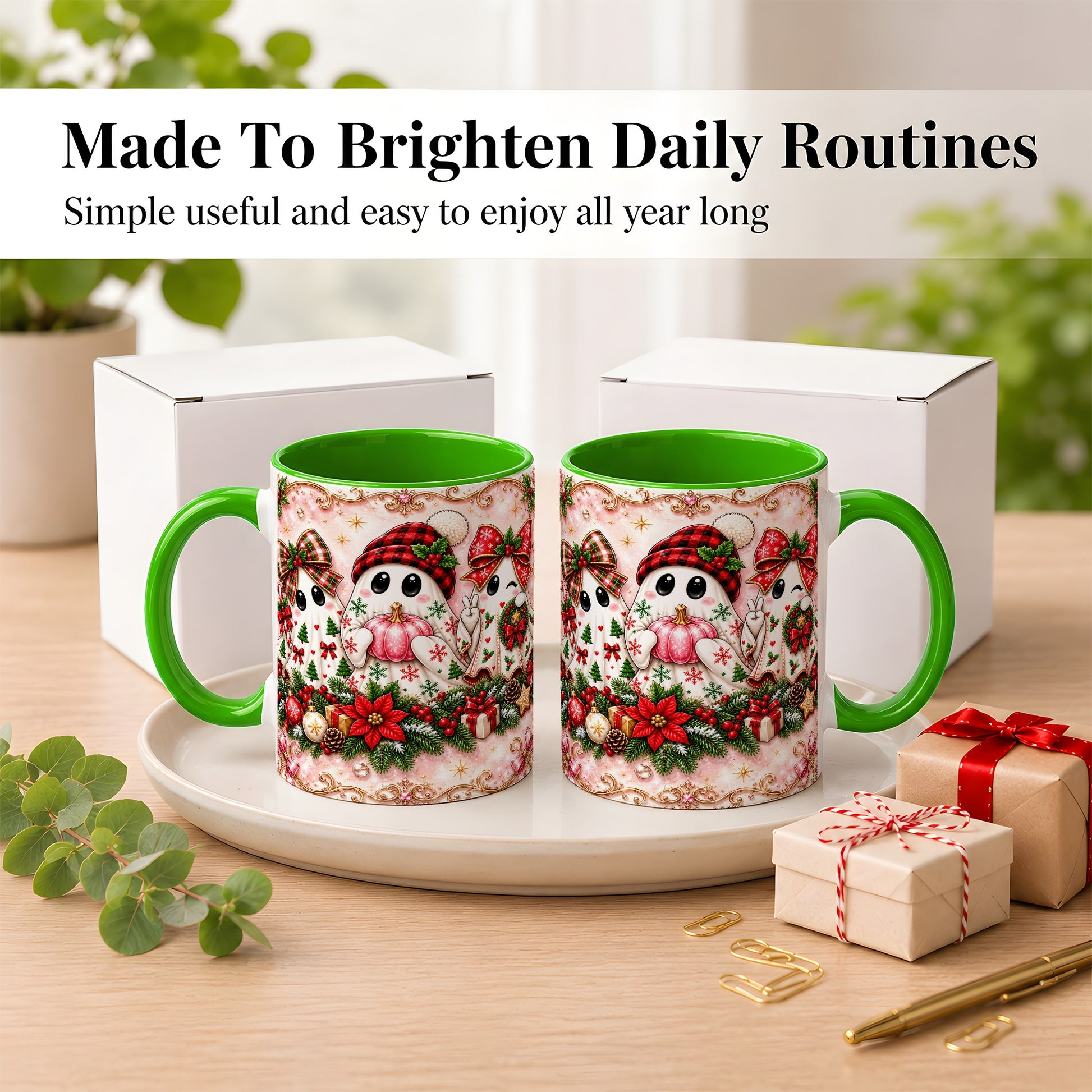 #pl[11oz|Green] Pink Christmas Ghost Coffee Mug, Holiday Ghost Mug, Ceramic Cup