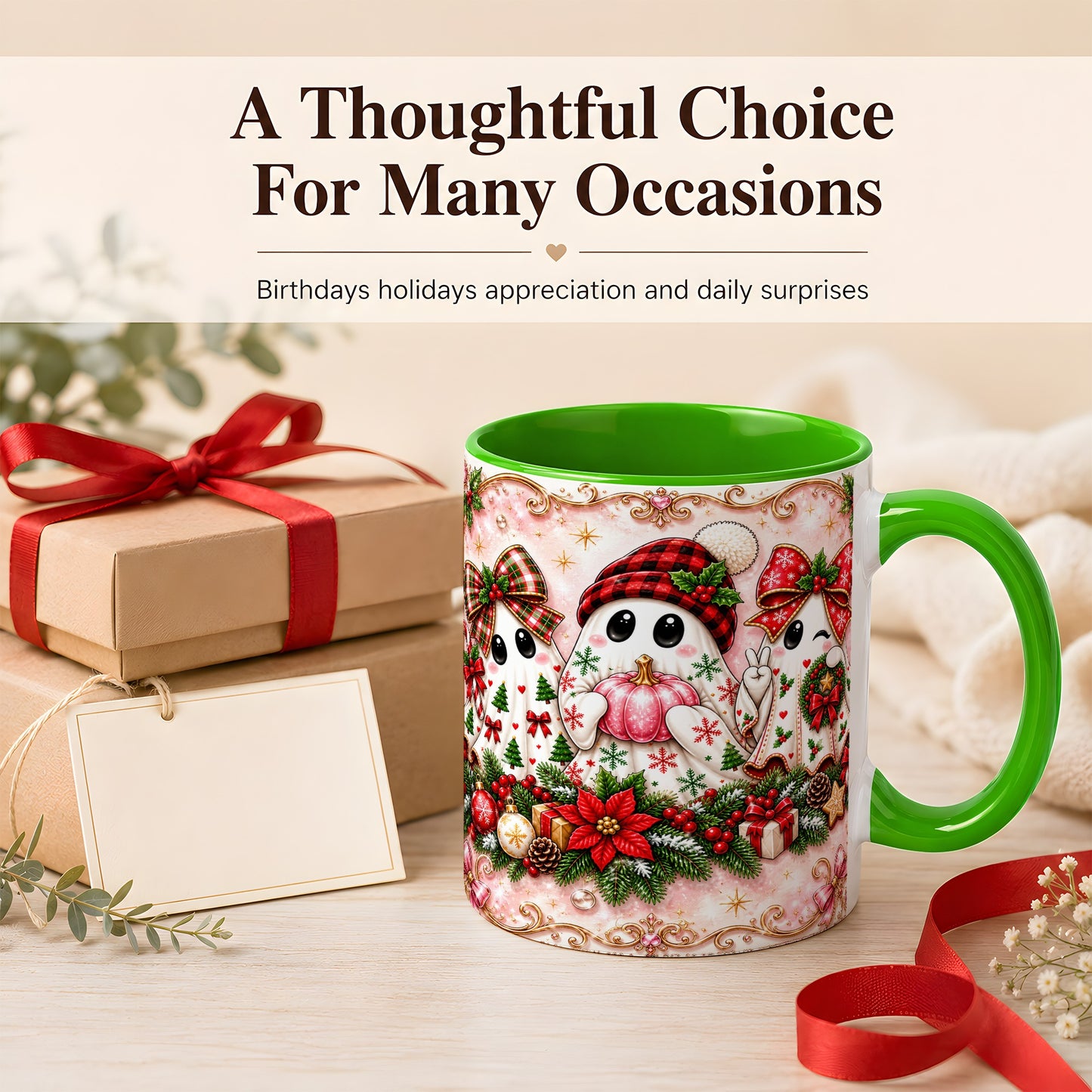 #pl[11oz|Green] Pink Christmas Ghost Coffee Mug, Holiday Ghost Mug, Ceramic Cup