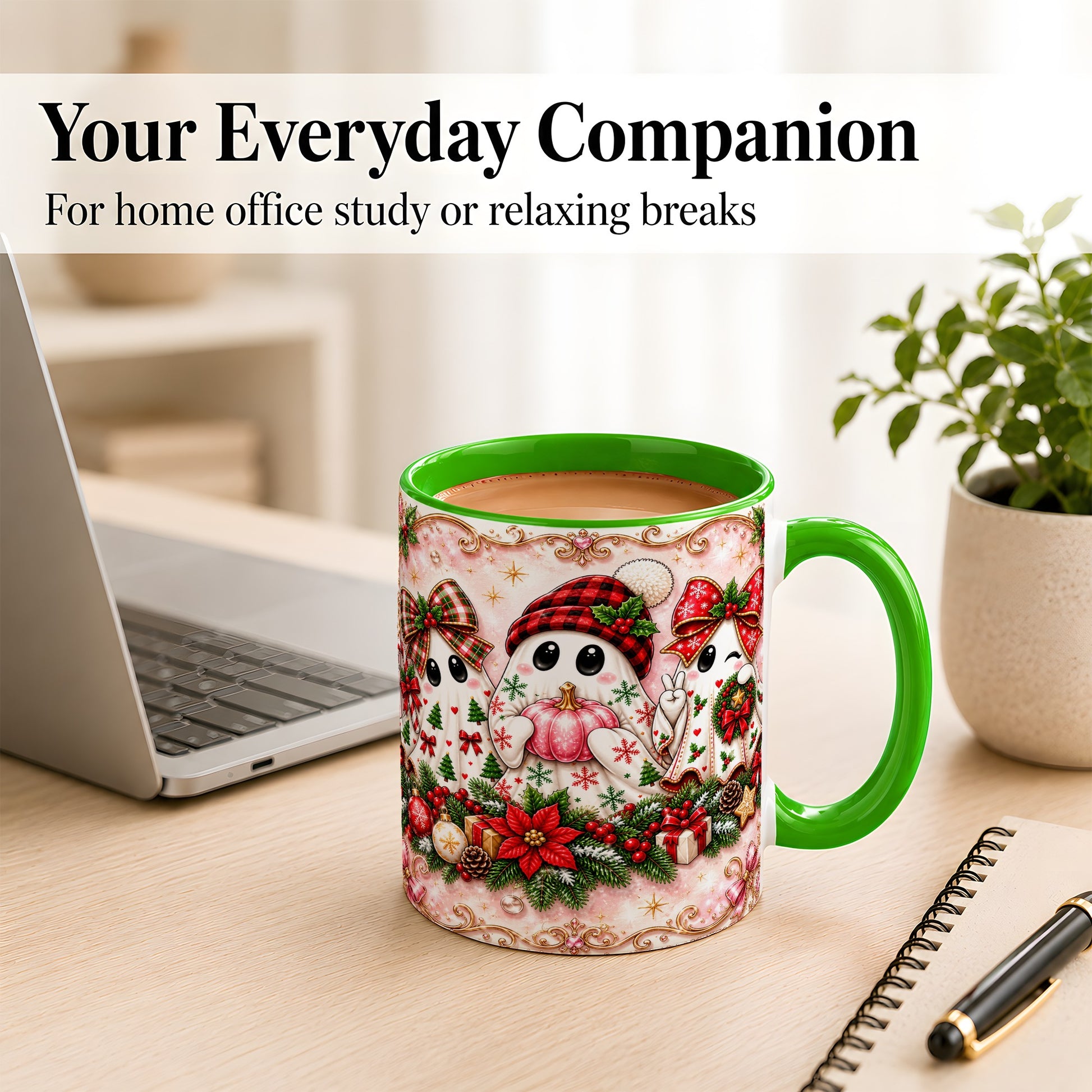 #pl[11oz|Green] Pink Christmas Ghost Coffee Mug, Holiday Ghost Mug, Ceramic Cup