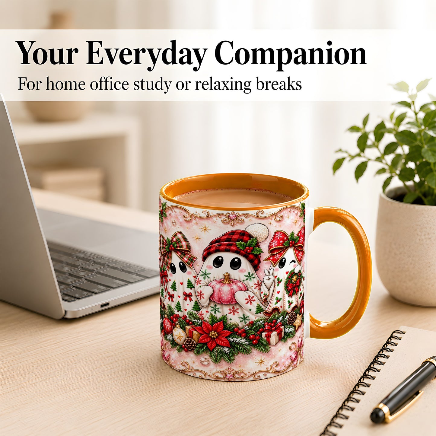 #pl[11oz|Orange] Pink Christmas Ghost Coffee Mug, Holiday Ghost Mug, Ceramic Cup