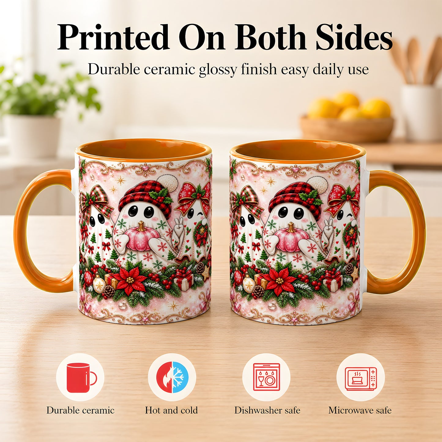 #pl[11oz|Orange] Pink Christmas Ghost Coffee Mug, Holiday Ghost Mug, Ceramic Cup