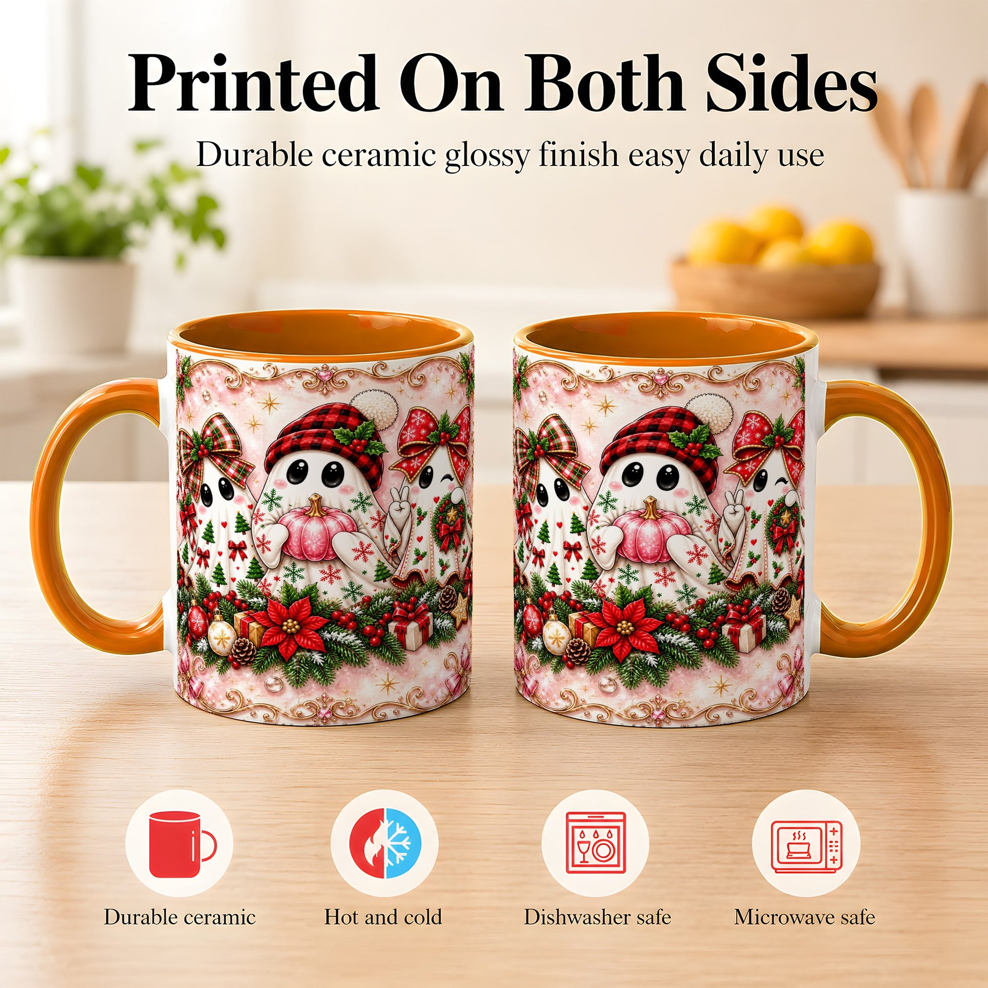 #pl[11oz|Orange] Pink Christmas Ghost Coffee Mug, Holiday Ghost Mug, Ceramic Cup