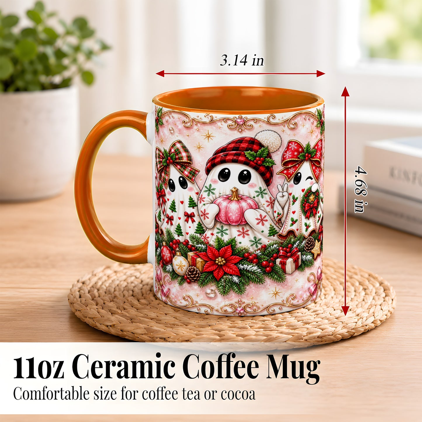 #pl[11oz|Orange] Pink Christmas Ghost Coffee Mug, Holiday Ghost Mug, Ceramic Cup
