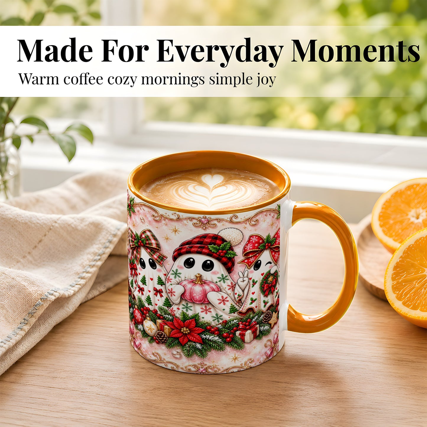 #pl[11oz|Orange] Pink Christmas Ghost Coffee Mug, Holiday Ghost Mug, Ceramic Cup