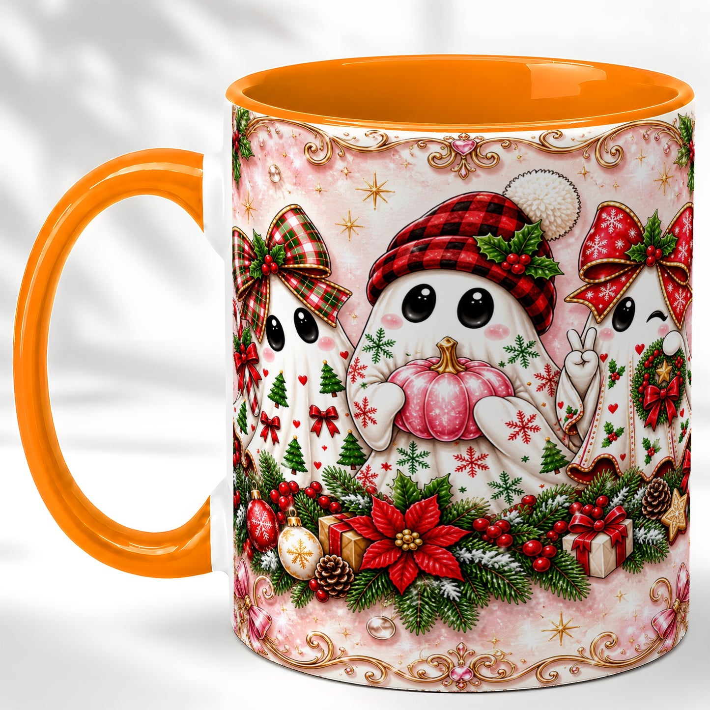 #pl[11oz|Orange] Pink Christmas Ghost Coffee Mug, Holiday Ghost Mug, Ceramic Cup