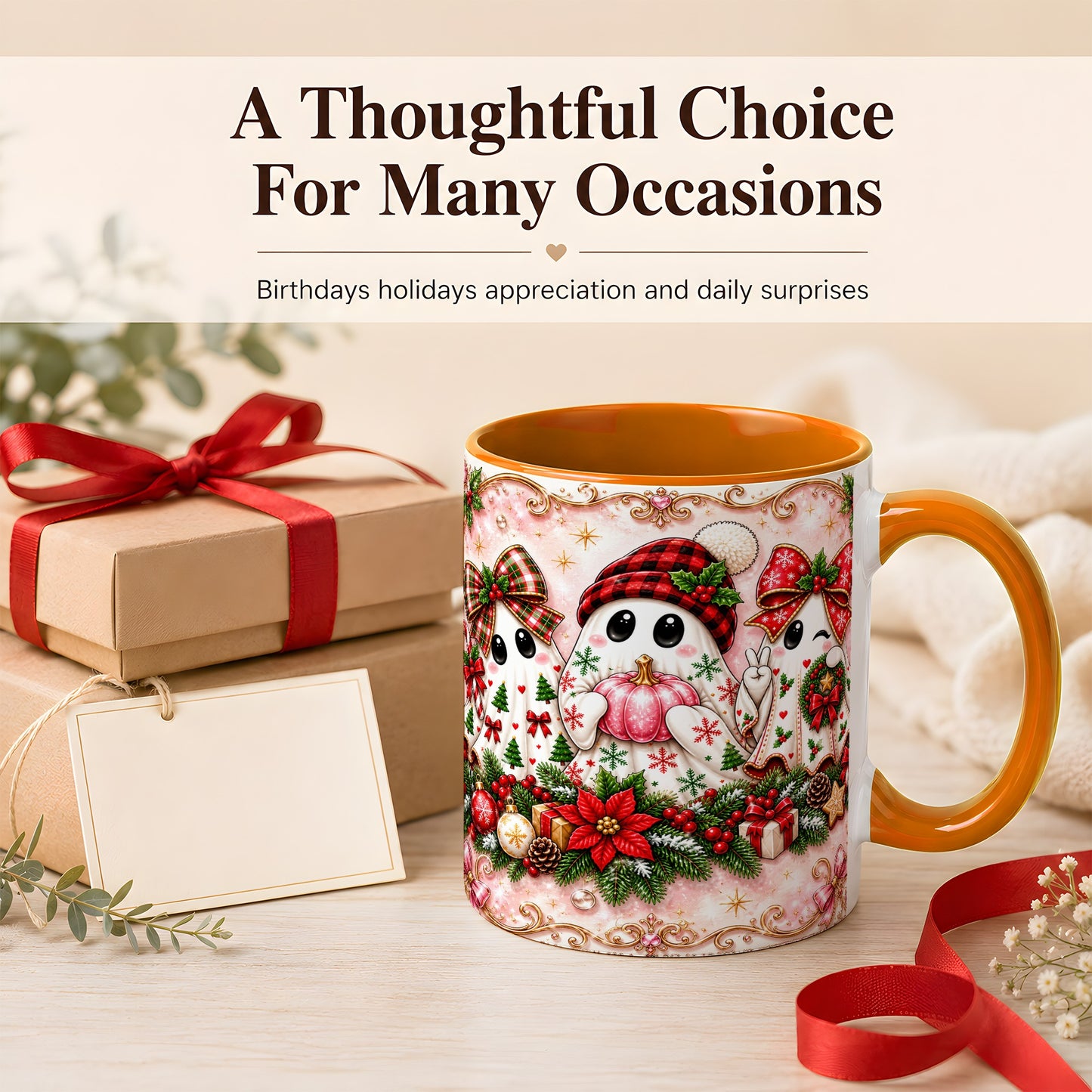 #pl[11oz|Orange] Pink Christmas Ghost Coffee Mug, Holiday Ghost Mug, Ceramic Cup