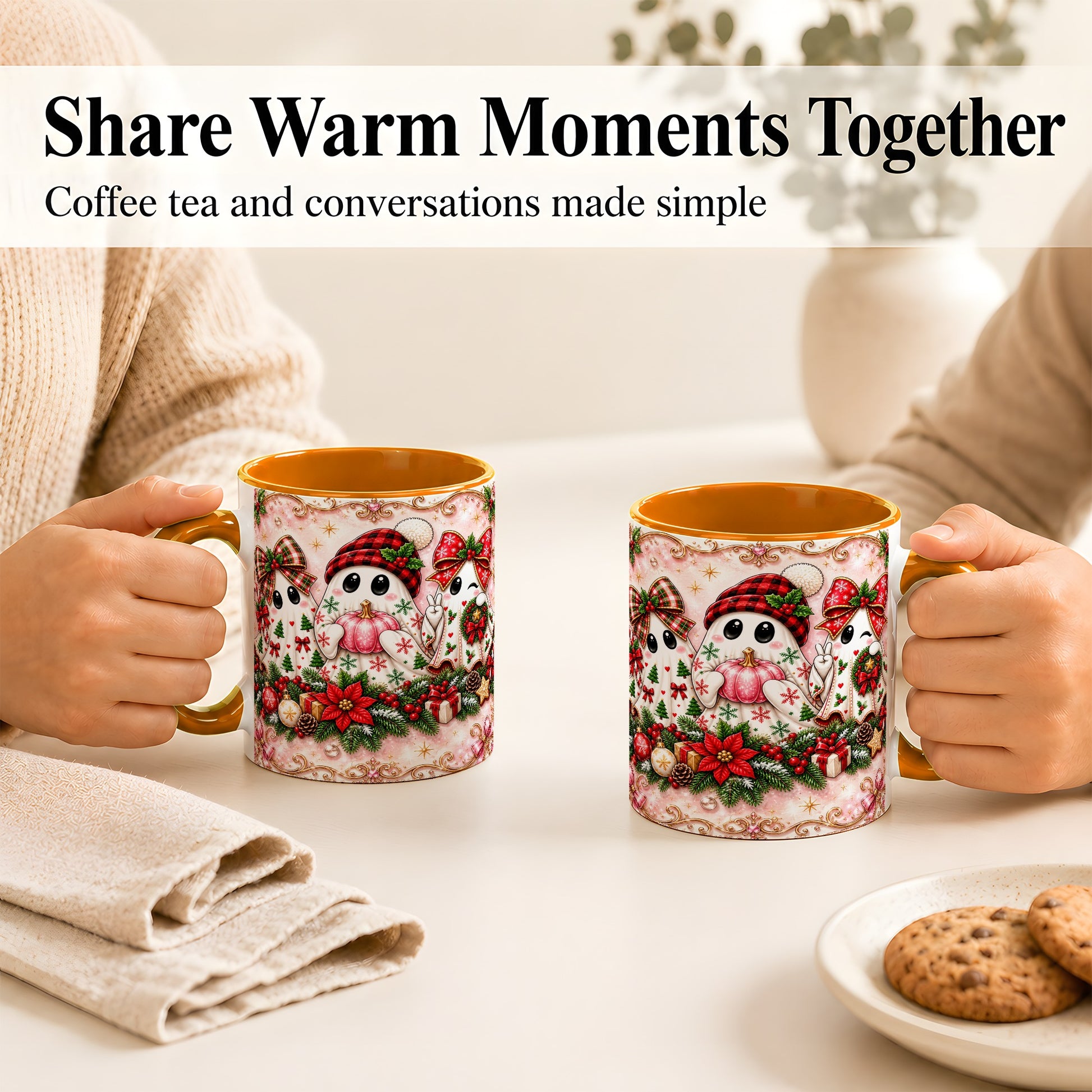 #pl[11oz|Orange] Pink Christmas Ghost Coffee Mug, Holiday Ghost Mug, Ceramic Cup