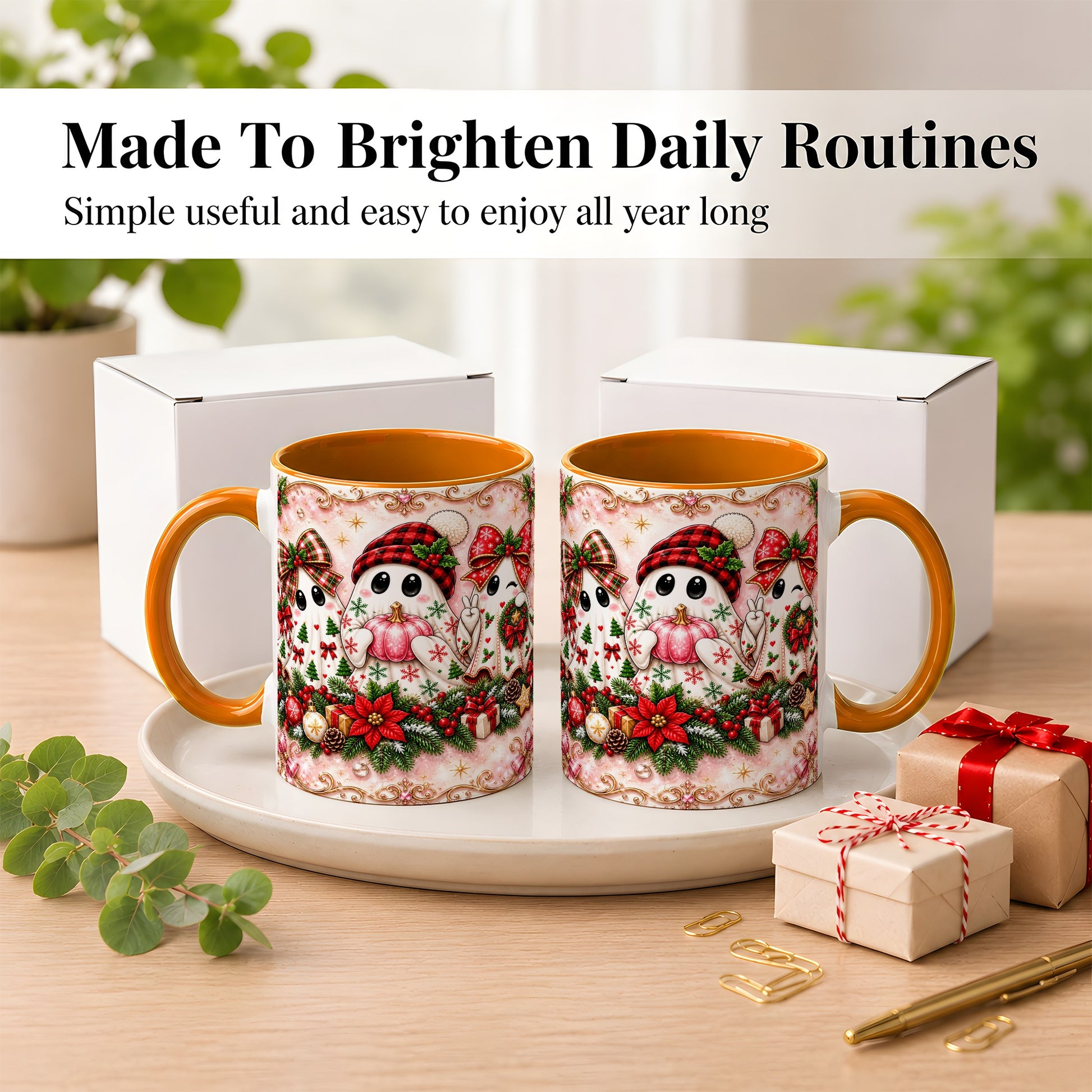 #pl[11oz|Orange] Pink Christmas Ghost Coffee Mug, Holiday Ghost Mug, Ceramic Cup