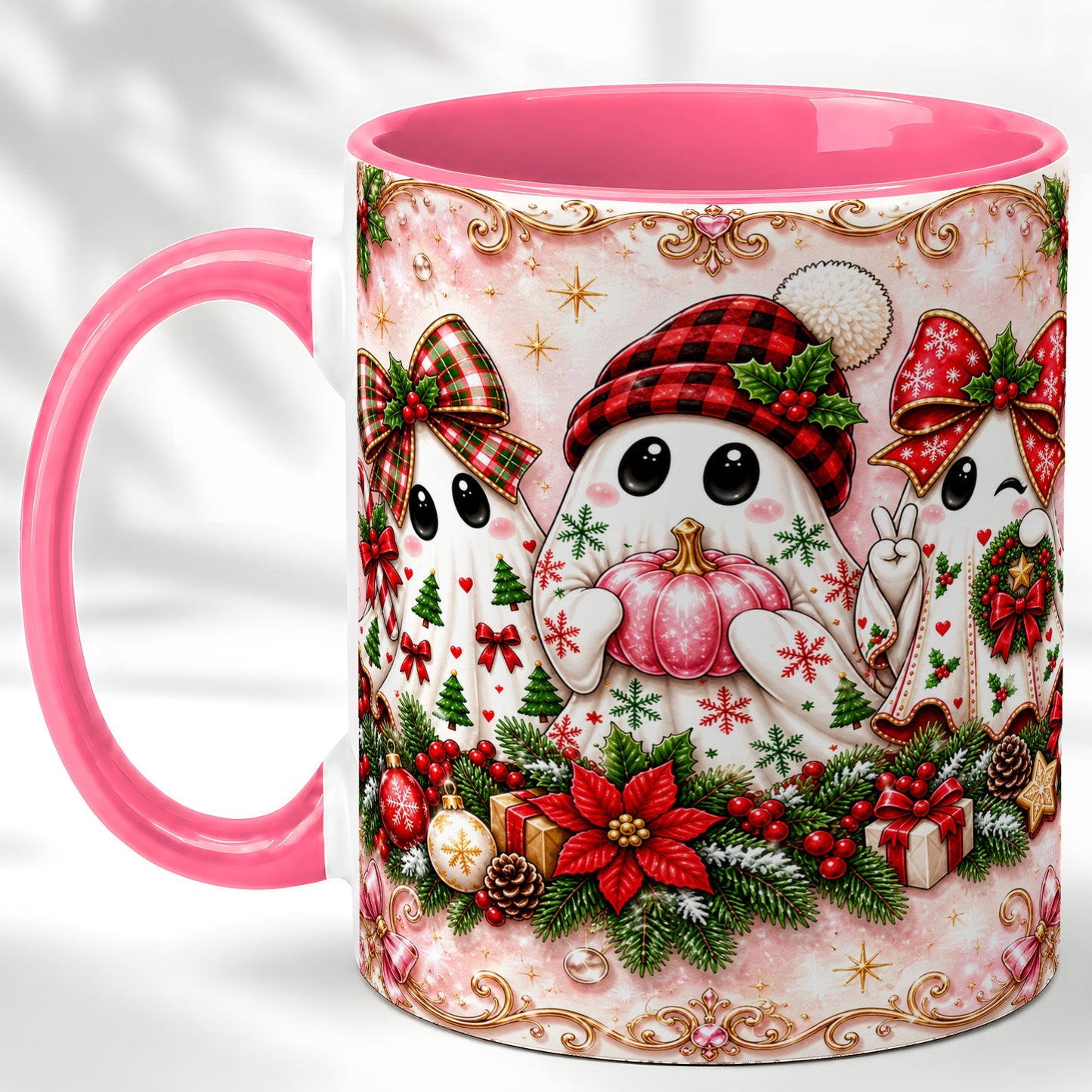 #pl[11oz|Pink] Pink Christmas Ghost Coffee Mug, Holiday Ghost Mug, Ceramic Cup