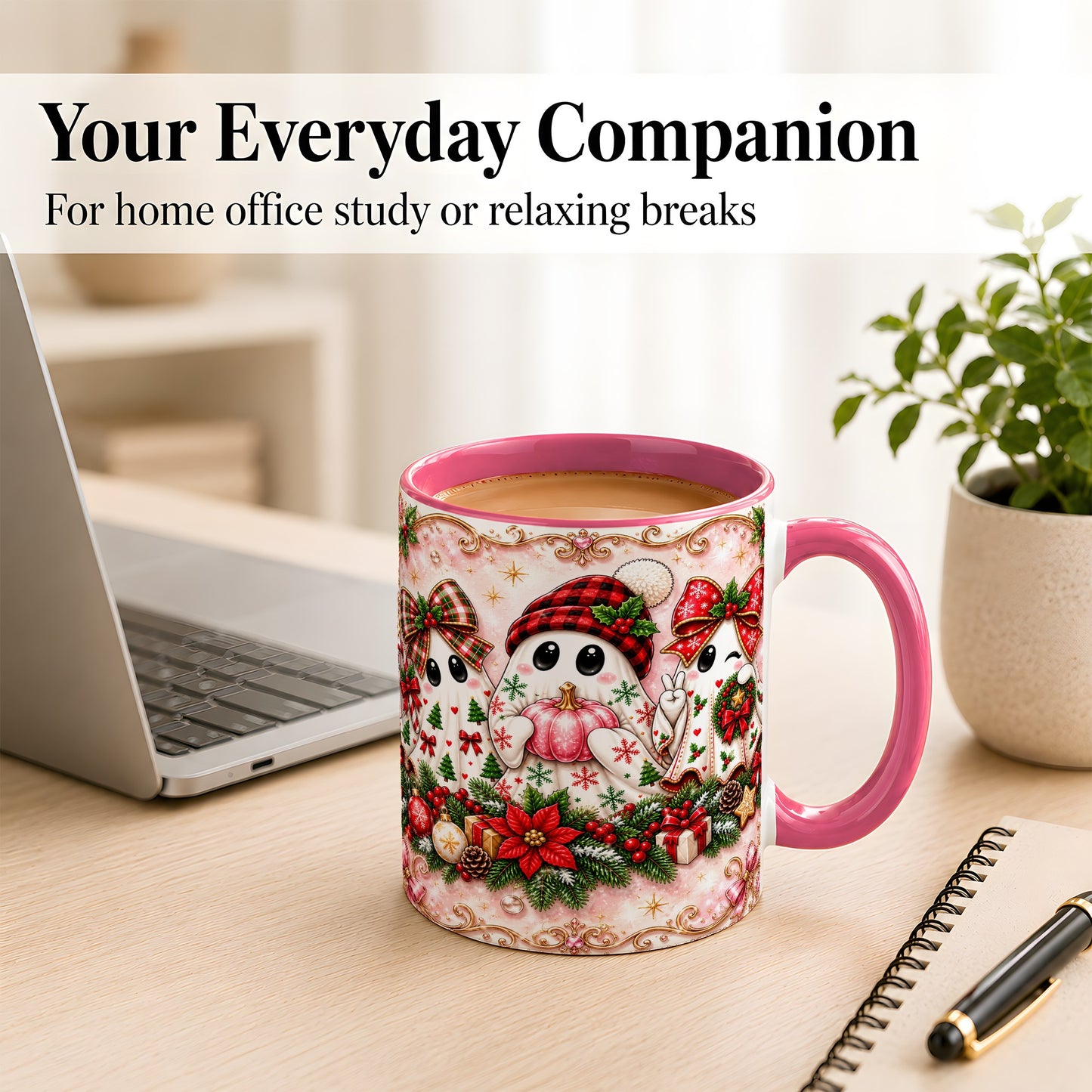 #pl[11oz|Pink] Pink Christmas Ghost Coffee Mug, Holiday Ghost Mug, Ceramic Cup