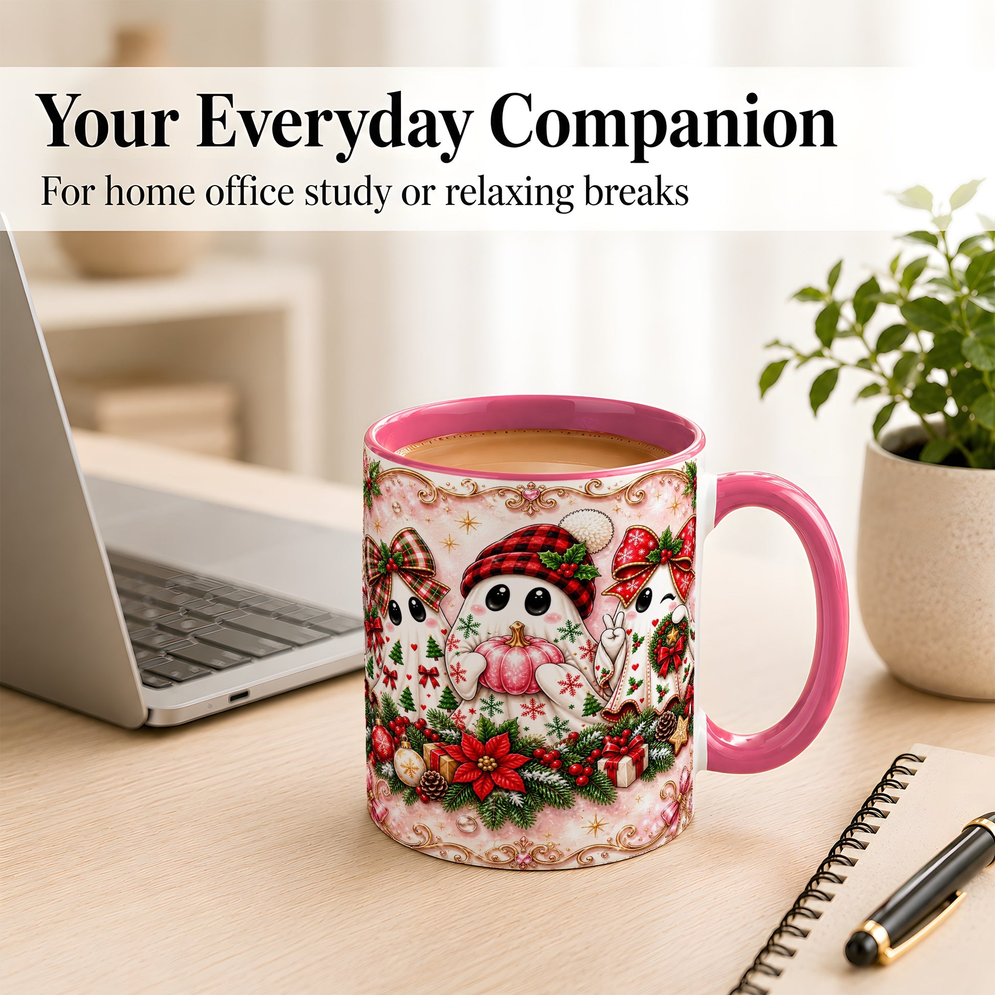 #pl[11oz|Pink] Pink Christmas Ghost Coffee Mug, Holiday Ghost Mug, Ceramic Cup