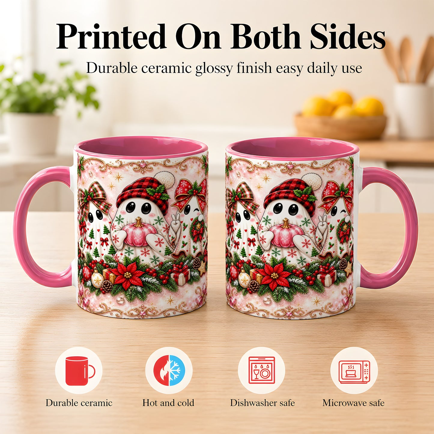 #pl[11oz|Pink] Pink Christmas Ghost Coffee Mug, Holiday Ghost Mug, Ceramic Cup