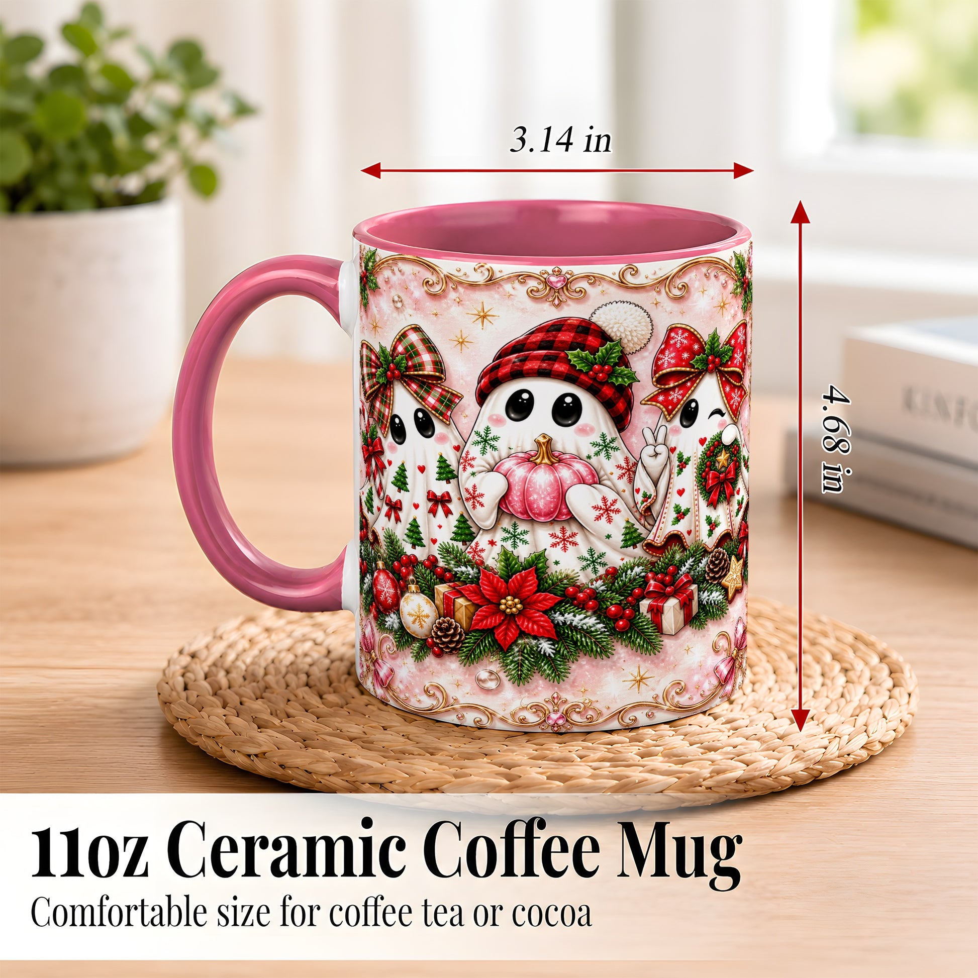 #pl[11oz|Pink] Pink Christmas Ghost Coffee Mug, Holiday Ghost Mug, Ceramic Cup