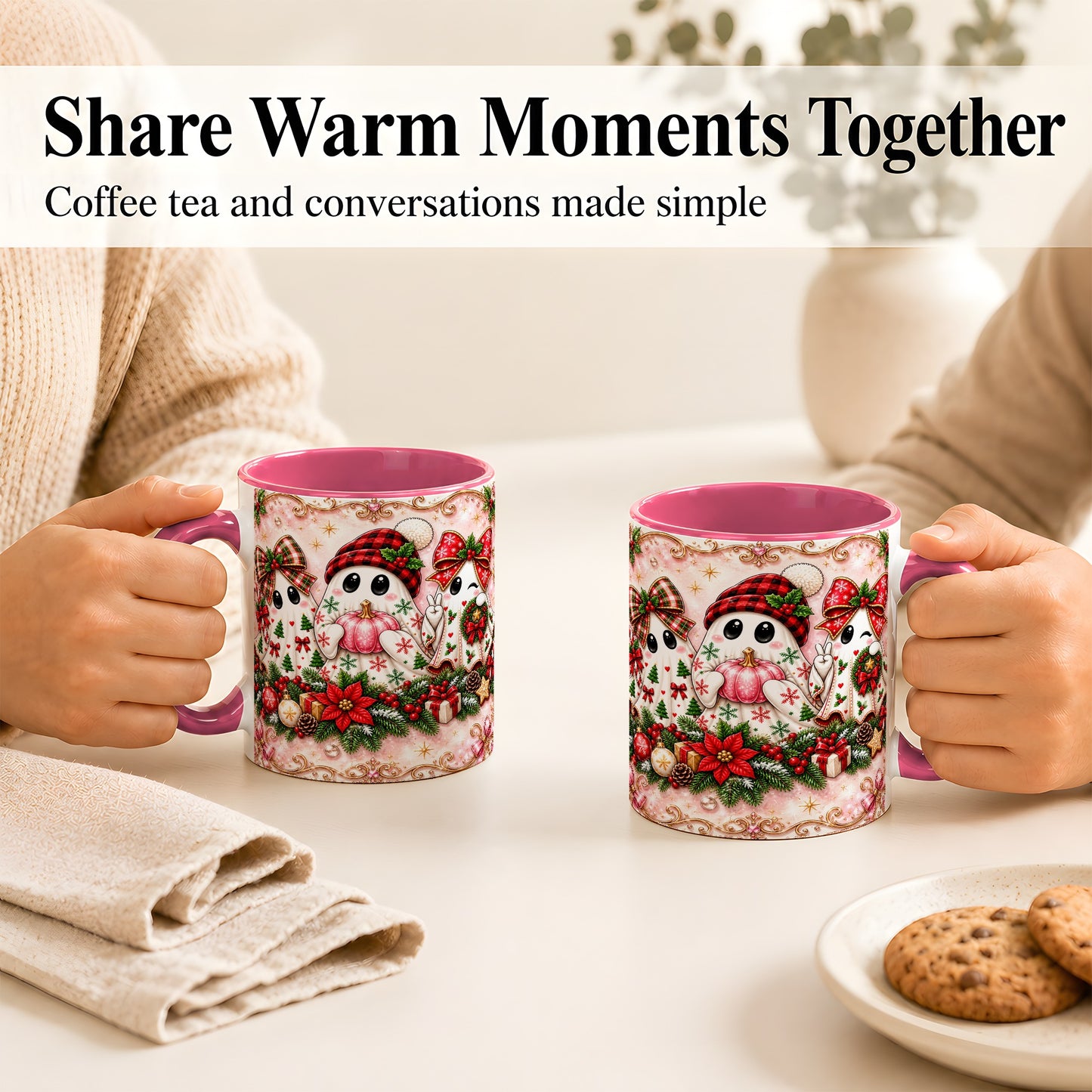 #pl[11oz|Pink] Pink Christmas Ghost Coffee Mug, Holiday Ghost Mug, Ceramic Cup