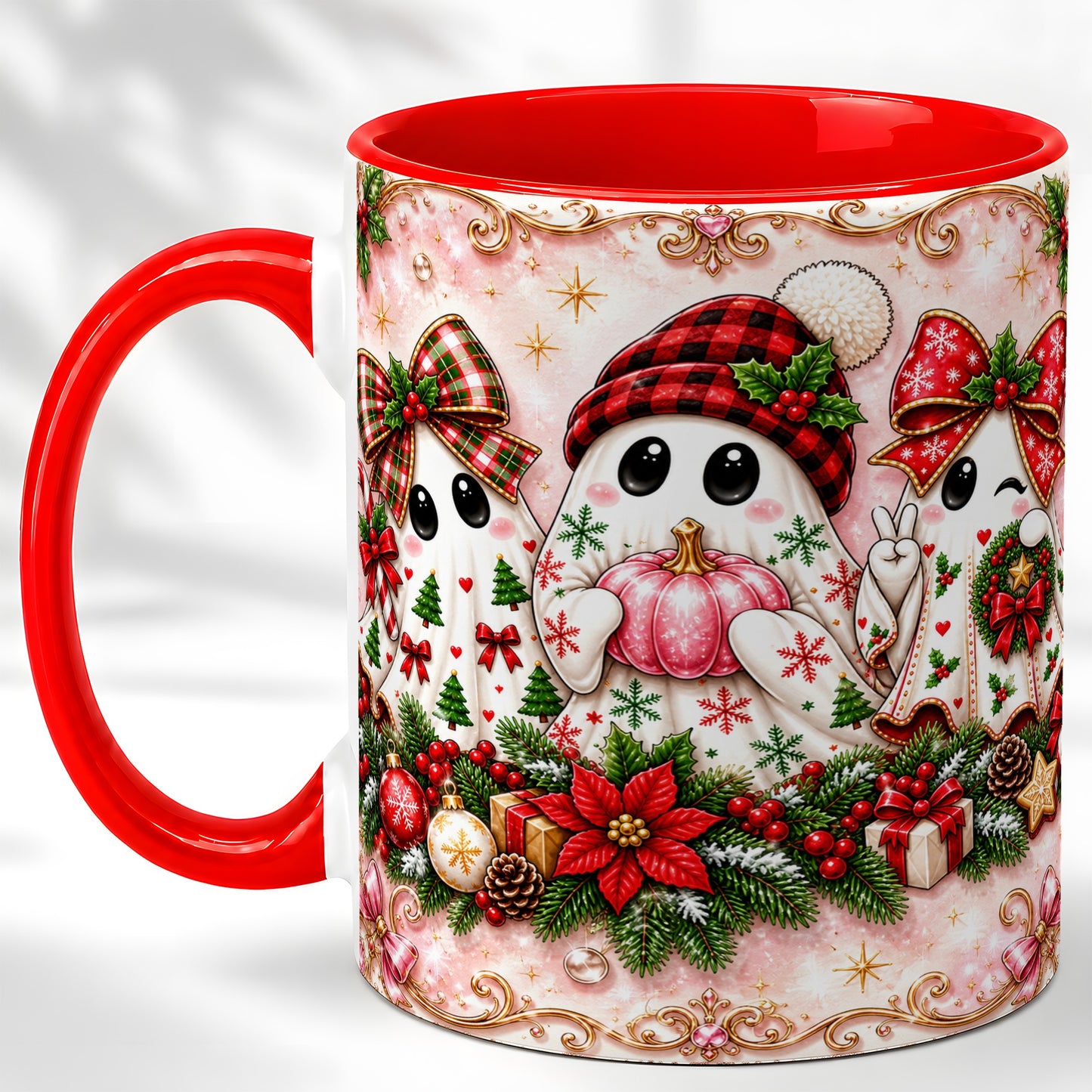 #pl[11oz|Red] Pink Christmas Ghost Coffee Mug, Holiday Ghost Mug, Ceramic Cup