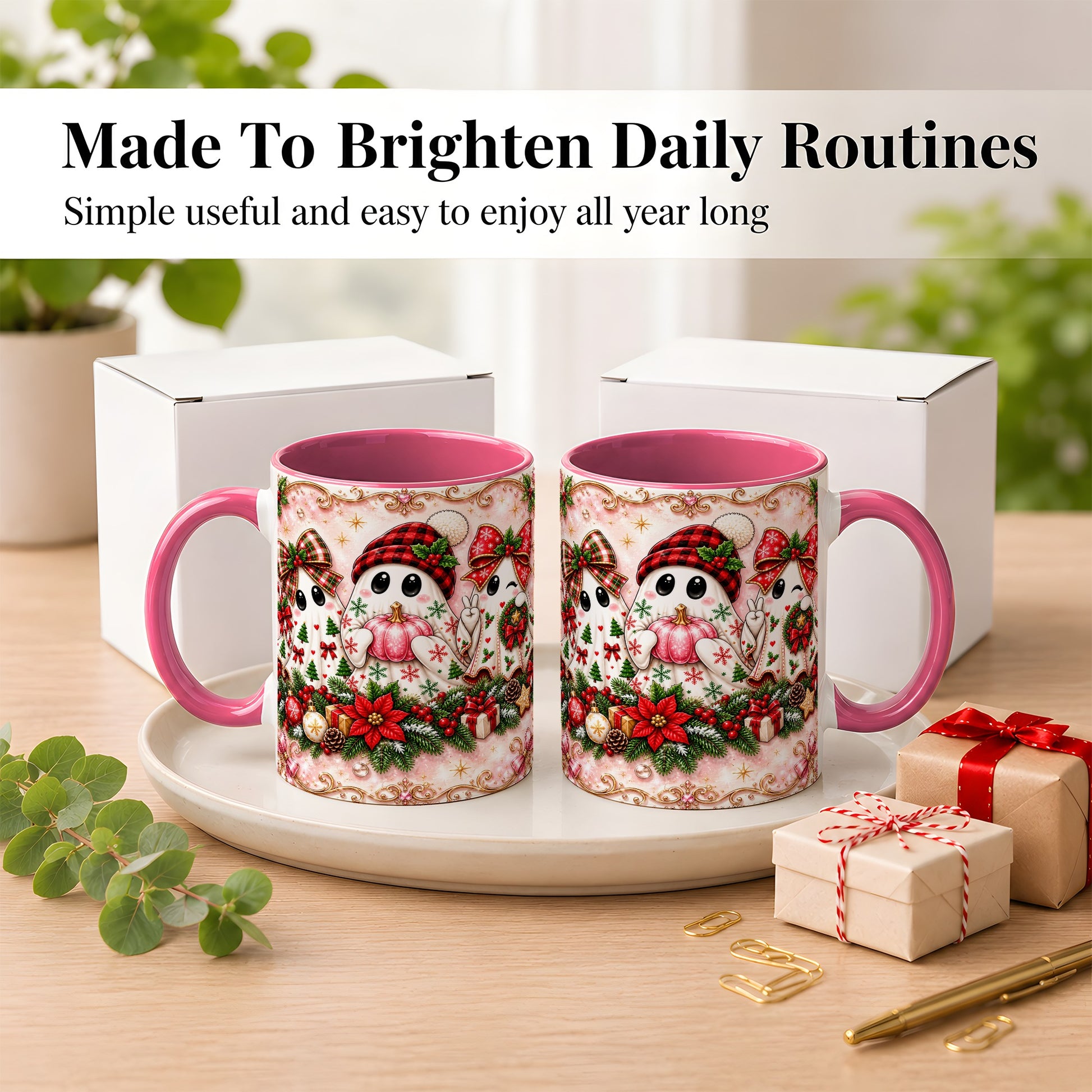 #pl[11oz|Pink] Pink Christmas Ghost Coffee Mug, Holiday Ghost Mug, Ceramic Cup