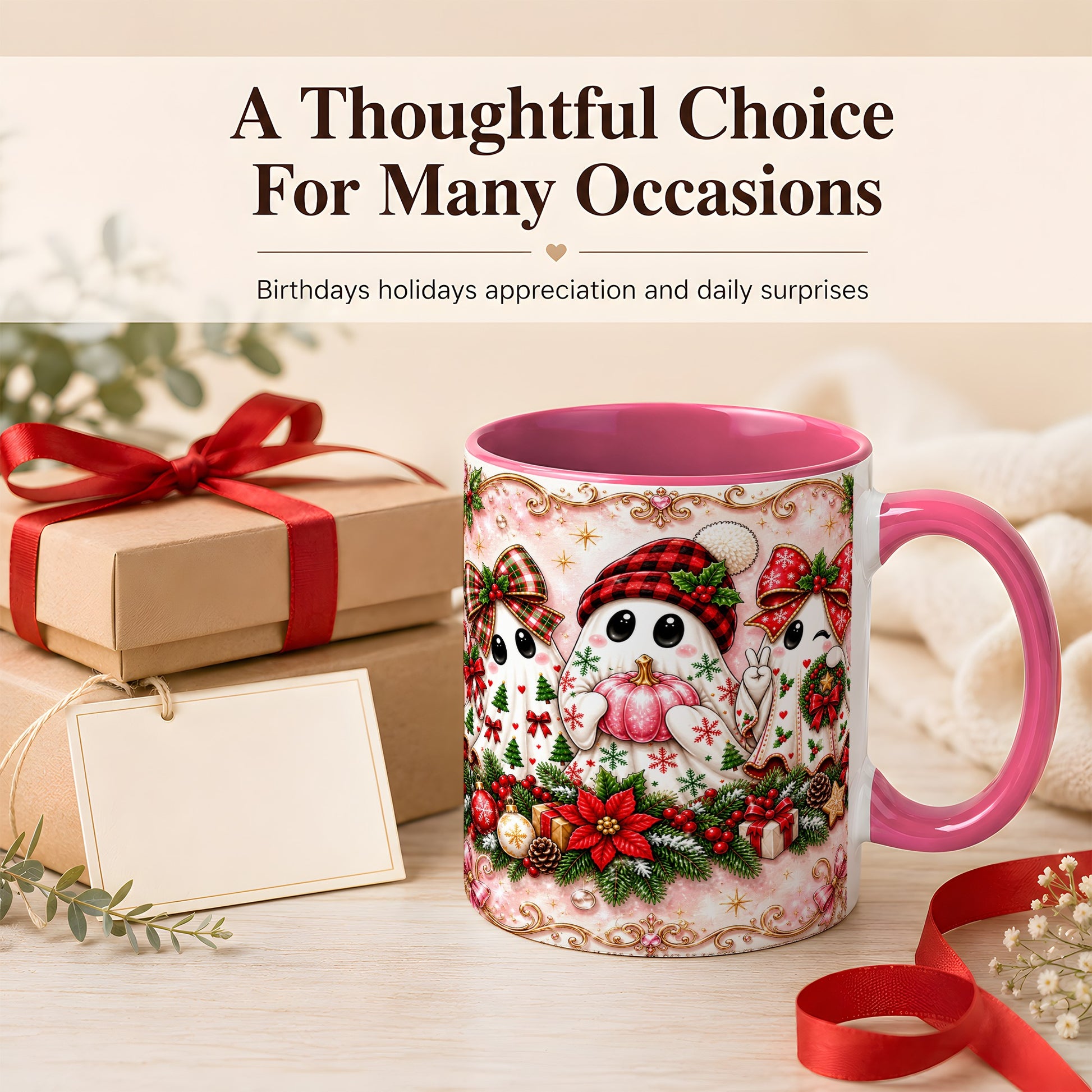 #pl[11oz|Pink] Pink Christmas Ghost Coffee Mug, Holiday Ghost Mug, Ceramic Cup