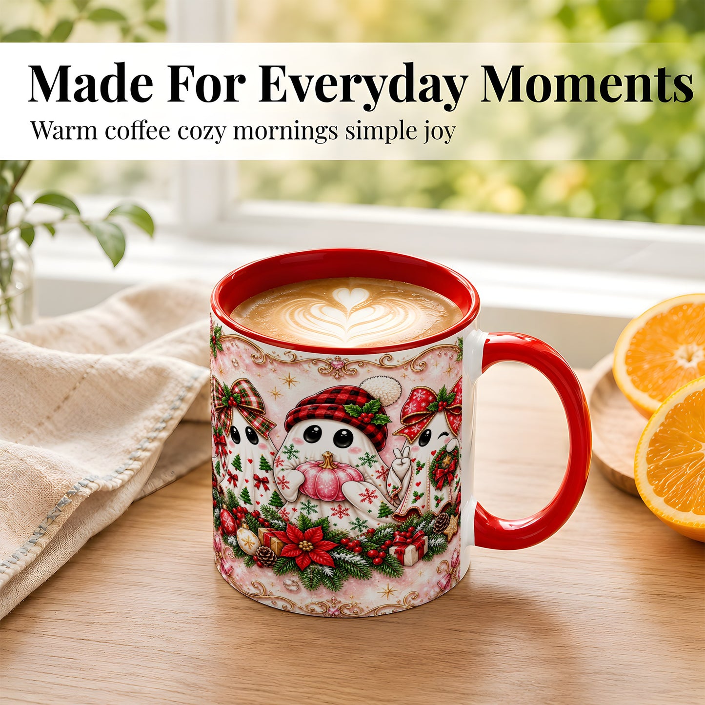 #pl[11oz|Red] Pink Christmas Ghost Coffee Mug, Holiday Ghost Mug, Ceramic Cup