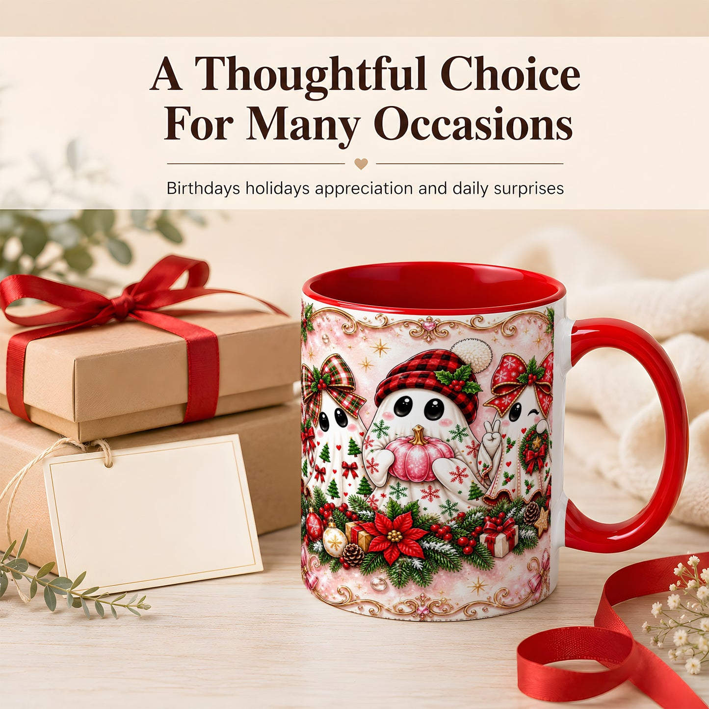 #pl[11oz|Red] Pink Christmas Ghost Coffee Mug, Holiday Ghost Mug, Ceramic Cup