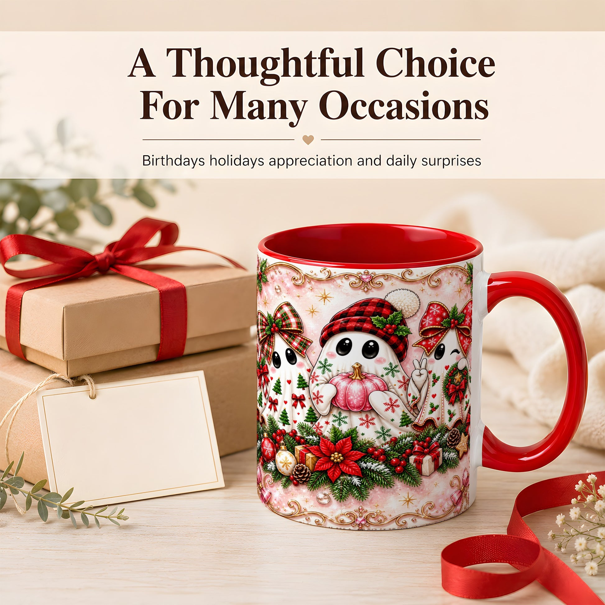 #pl[11oz|Red] Pink Christmas Ghost Coffee Mug, Holiday Ghost Mug, Ceramic Cup