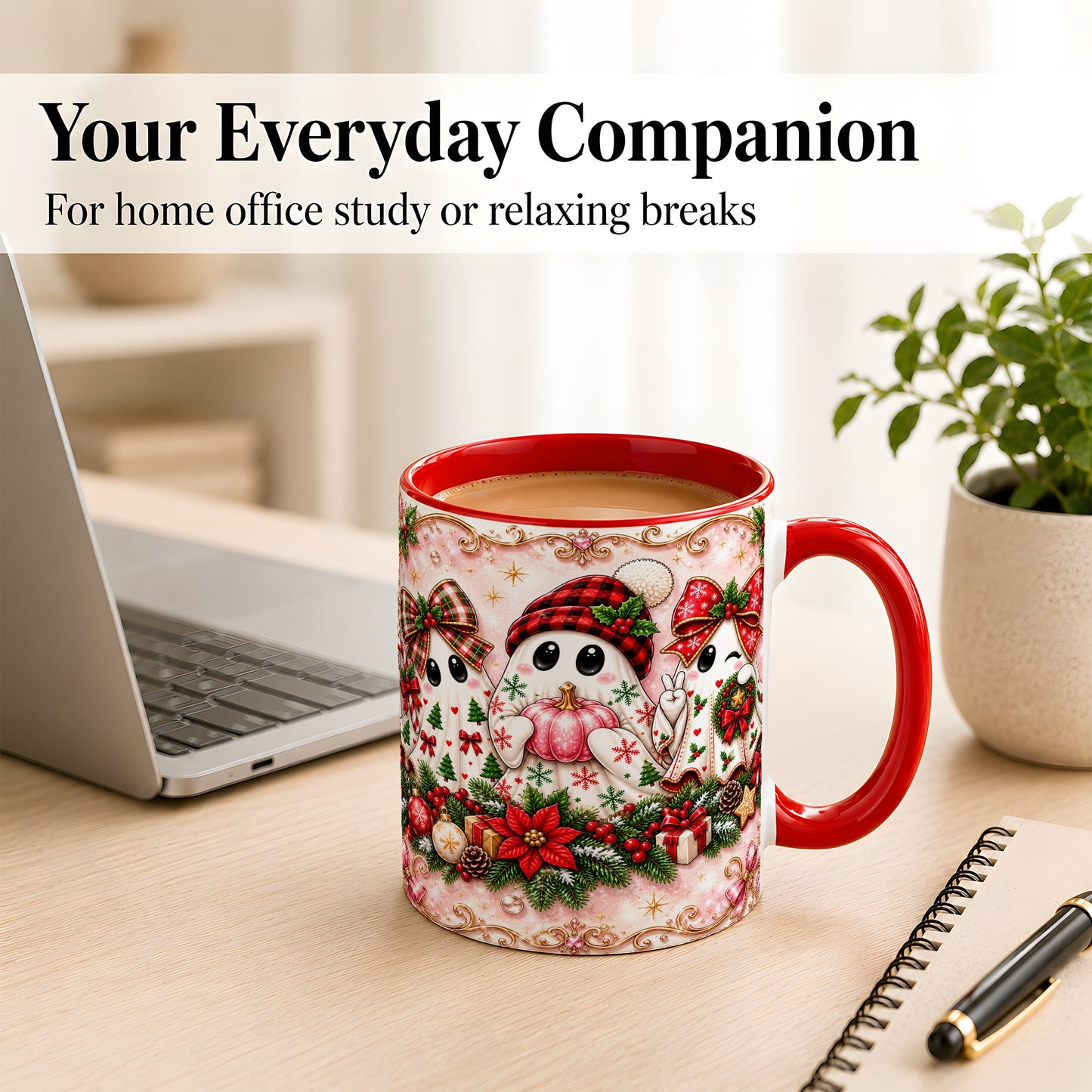 #pl[11oz|Red] Pink Christmas Ghost Coffee Mug, Holiday Ghost Mug, Ceramic Cup